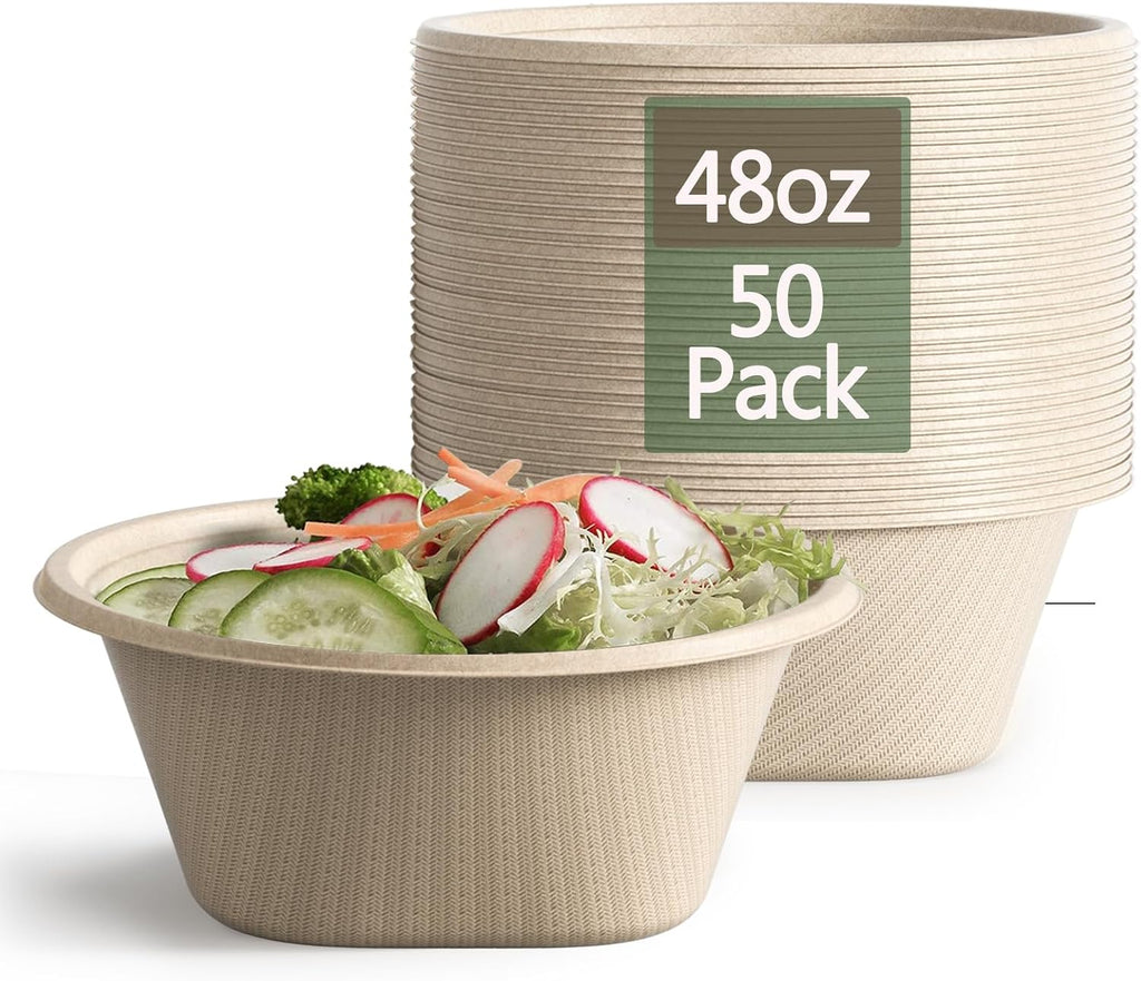 Large Disposable Bowl - Heavy Duty Paper Bowls - Made from Sugarcane and Bamboo Fiber, Microwave Safe - 48 Oz Paper Bowls for Soup, Salad, Ramen, Popcorn, etc.[50/Pack]