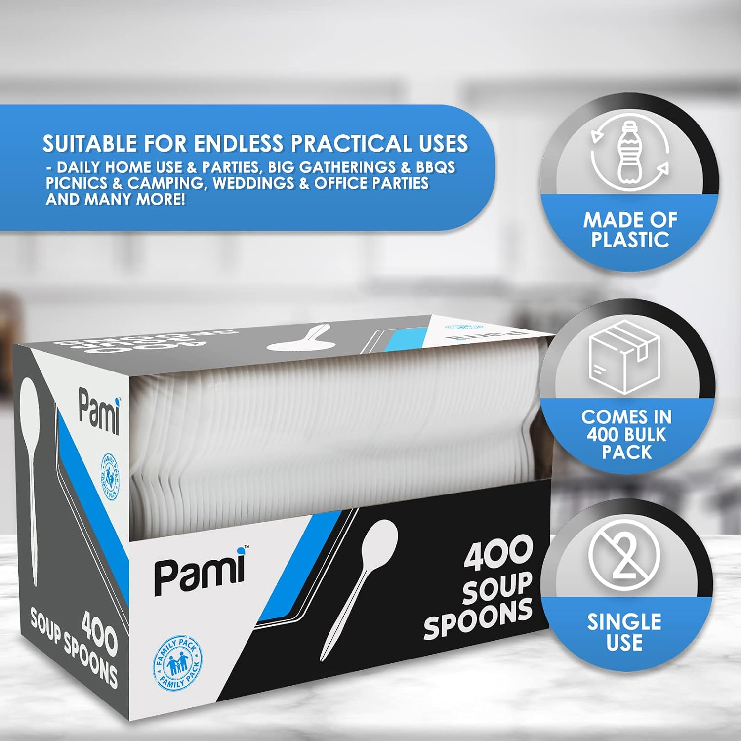 PAMI Medium Weight Disposable Plastic Soup Spoons,White,Bulk Party Pack,400