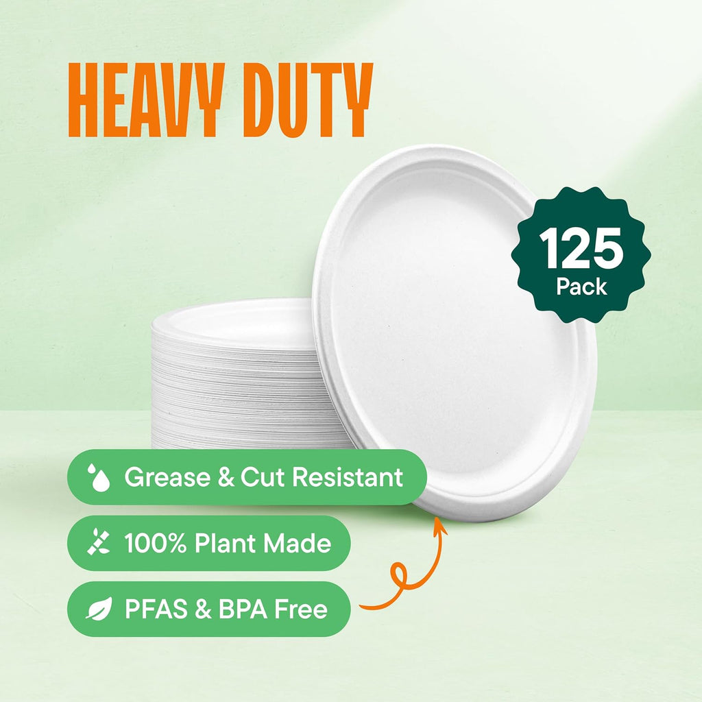 100% Compostable Paper Plates, Heavy Duty Disposable Plates [125-Pack] 9 Inch Plates - Eco-Friendly, Biodegradable Sugarcane Bagasse, Natural White 9" Sturdy Dinner Paper Plate Disposable | Eco-Friendly Biodegradable Sugarcane Bagasse Sturdy Dinner Plate