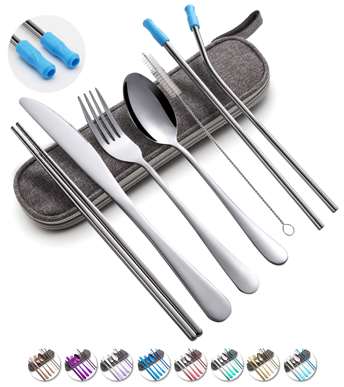 Travel Utensils Set with Case Reusable Portable Cutlery Set Stainless Steel 8pcs Including Dinner Knife Fork Spoon Chopsticks straws(Gradient Pink) | Dishwasher Including Dinner Knife Fork Spoon Chopsticks Straws Travel Fork Spoon Knife for Work, Camping