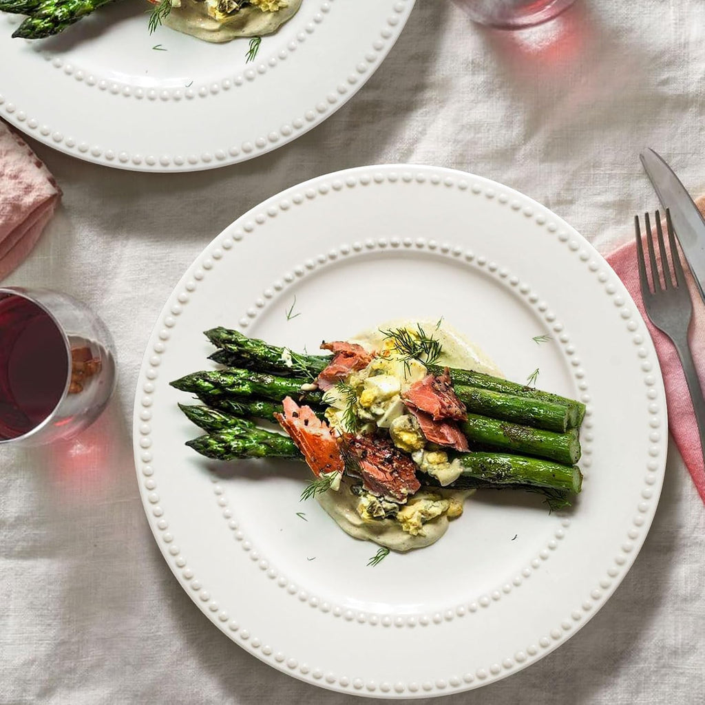 Dinner Plates Set of 4, 10.5 inch White Ceramic Plates, Embossed Salad Plates, Serving Plates for Steak Appetizer, Reusable Kitchen Dining Plates for Restaurant, Dishwasher Microwave Safe