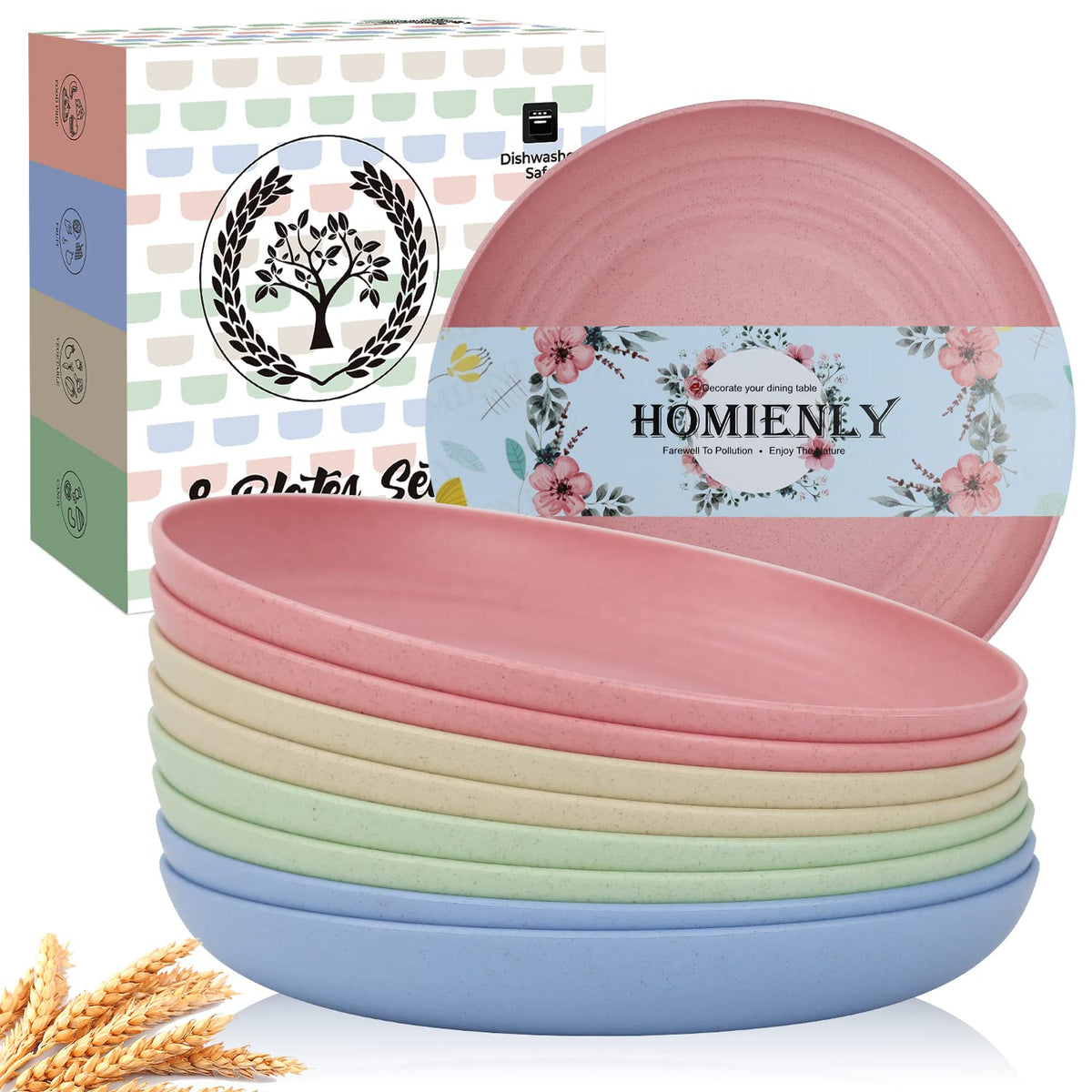 Deep Dinner Plates Set of 8 Alternative for Plastic Plates Microwave and Dishwasher Safe Wheat Straw Plates for Kitchen Unbreakable Kids Plate Set with 4 Colors (Classic Bright, 9 inch)