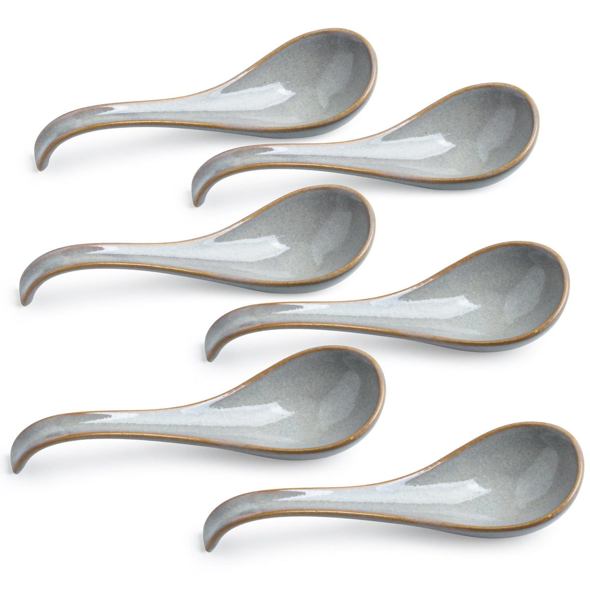 LYEOBOH 6 Pieces Asian Soup Spoons, Japanese Kitchen Soup Spoon Set, Dinner Tablespoons with Long Handle for Cereal, Ramen, Ice Cream, Dishwasher & Microwave Safe, Rustic Decor, White and Brown