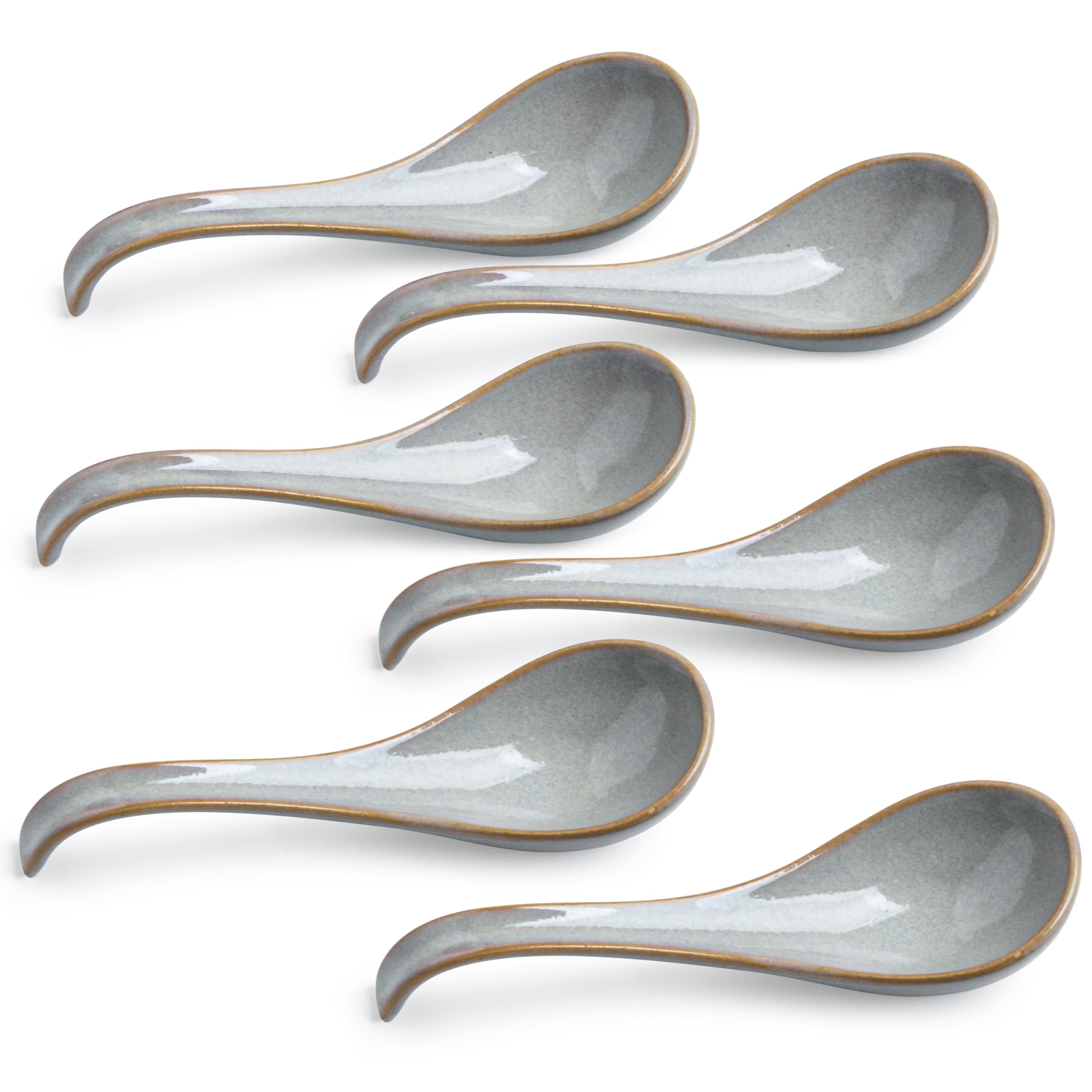 LYEOBOH Soup Spoons set of 6, Chinese Deep Soup Spoon - 6.5 inch Ceramic Korean Tablespoons for Ramen, Rice, Noodle, Asian Spoons with Deep Hook Design, Vintage Blue