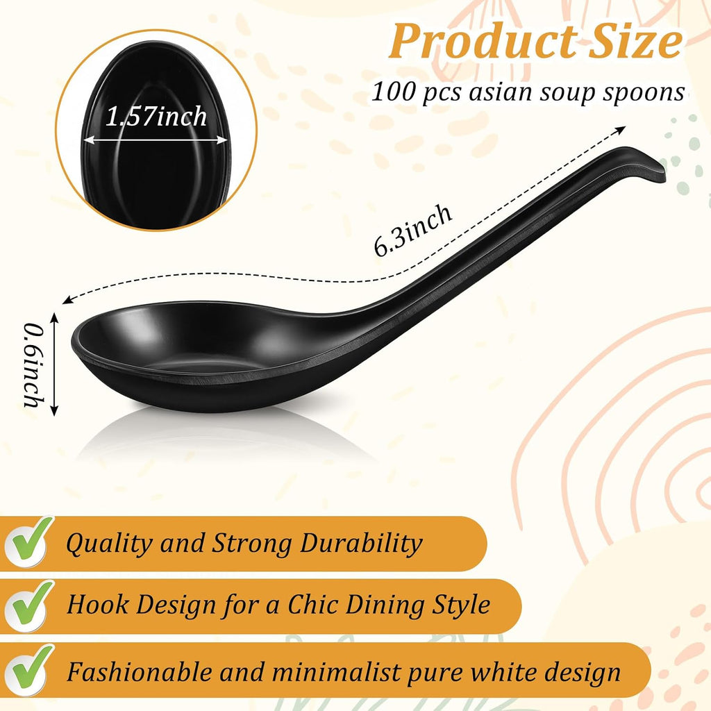100 Pcs Reusable Melamine Asian Soup Spoon, 6.3 Inches Chinese Japanese Noodle Ramen Spoon, Wonton Rice Dumpling Pho Spoons, for Home Restaurant Kitchen