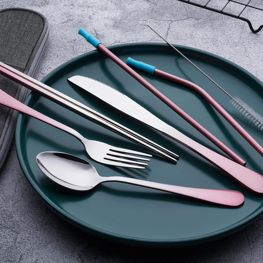 Travel Utensils Set with Case Reusable Portable Cutlery Set Stainless Steel 8pcs Including Dinner Knife Fork Spoon Chopsticks straws(Gradient Pink) | Dishwasher Including Dinner Knife Fork Spoon Chopsticks Straws Travel Fork Spoon Knife for Work, Camping