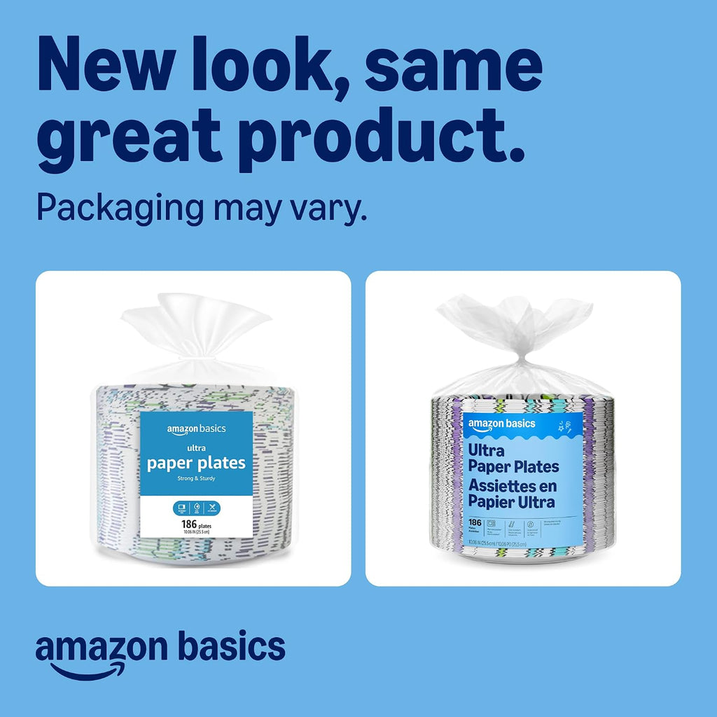 Amazon Basics Ultra Paper Plates, 10 Inch, Disposable, 372 Count (2 Pack of 186), Packaging May Vary