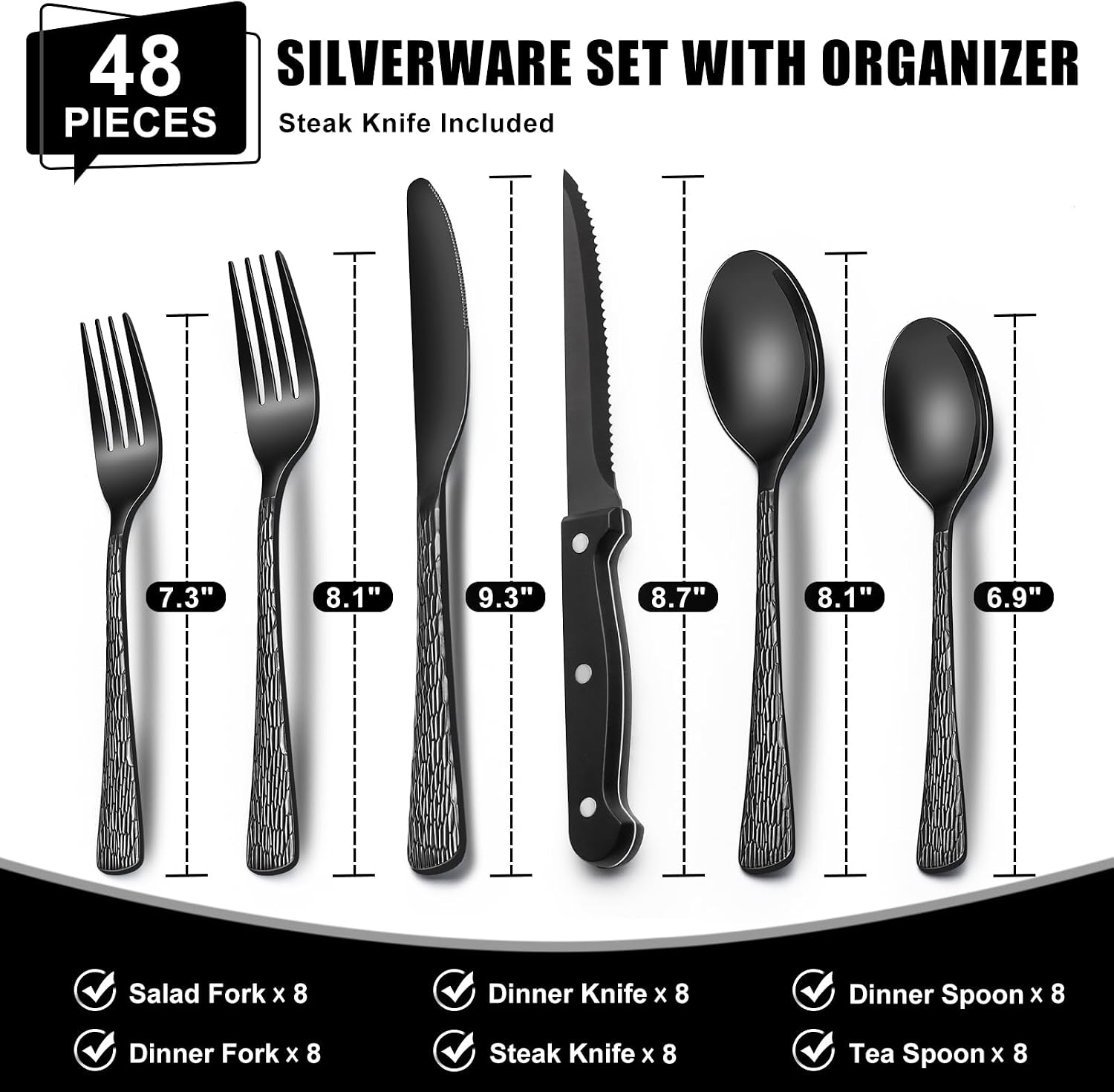 49-Piece Black Silverware Set with Organizer, Food-Grade Stainless Steel Black Flatware for 8, Cutlery Utensil Sets with Steak Knives, Rust-proof, Mirror Polished, Dishwasher Safe, Tree Pattern