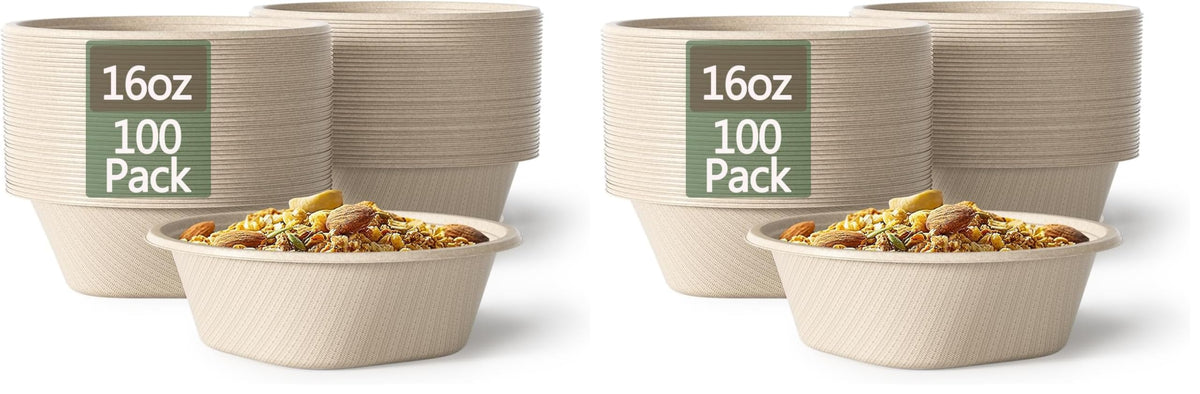 24 Oz Disposable Bowls, [100 Pack] Paper Bowls Disposable - Heavy Duty and Eco-friendly Sugarcane and Bamboo Bagasse Biodegradable Bowls for Cereal, Rice, French Fries - Convenient and Compostable