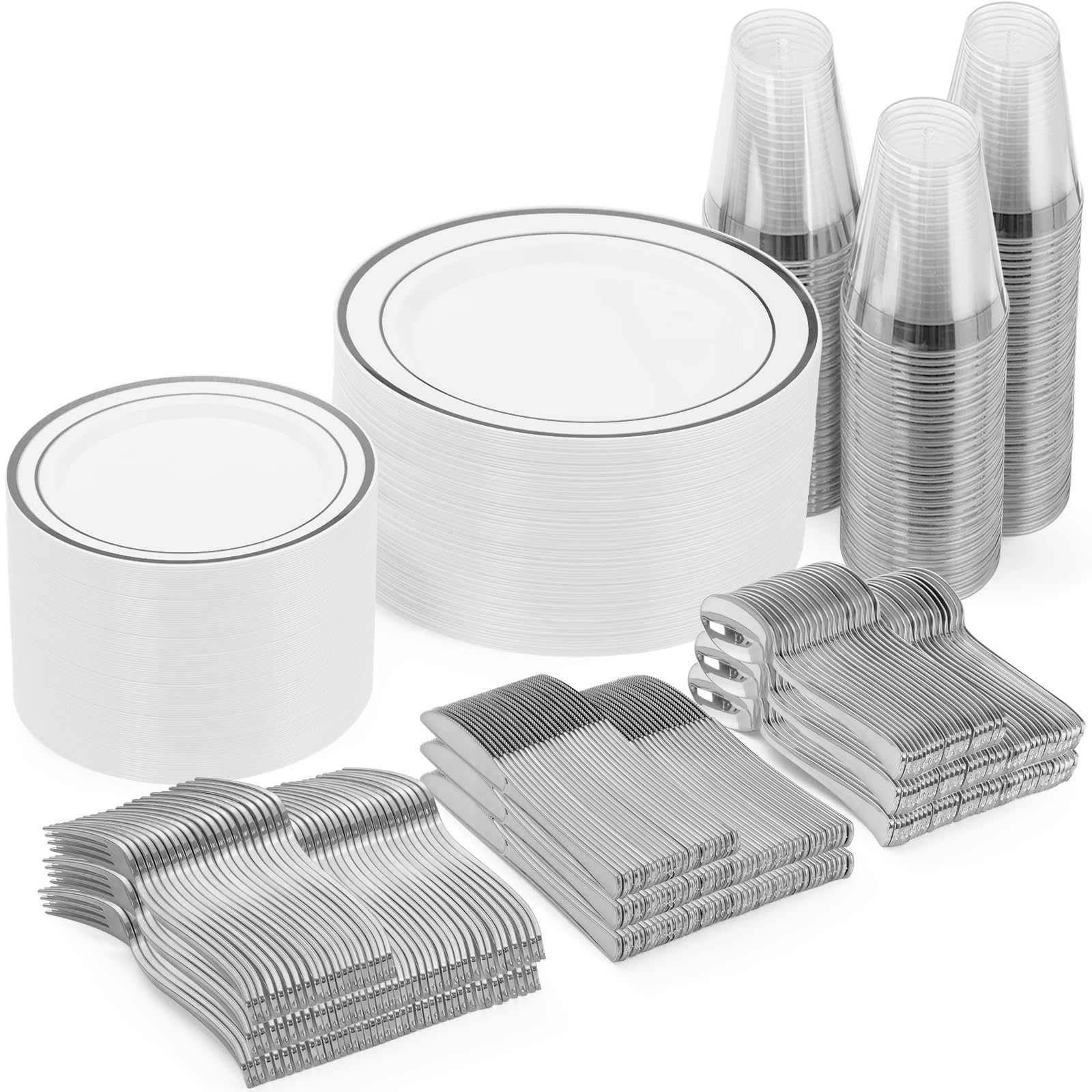 600 Pieces Gold Disposable Plastic Plates for 100 Guests | Include: Dinnerware Set of 100 Dinner and 100 Dessert Plates, 100 Spoons, 100 Forks, 100 Knives, 100 Cups Plates for Party