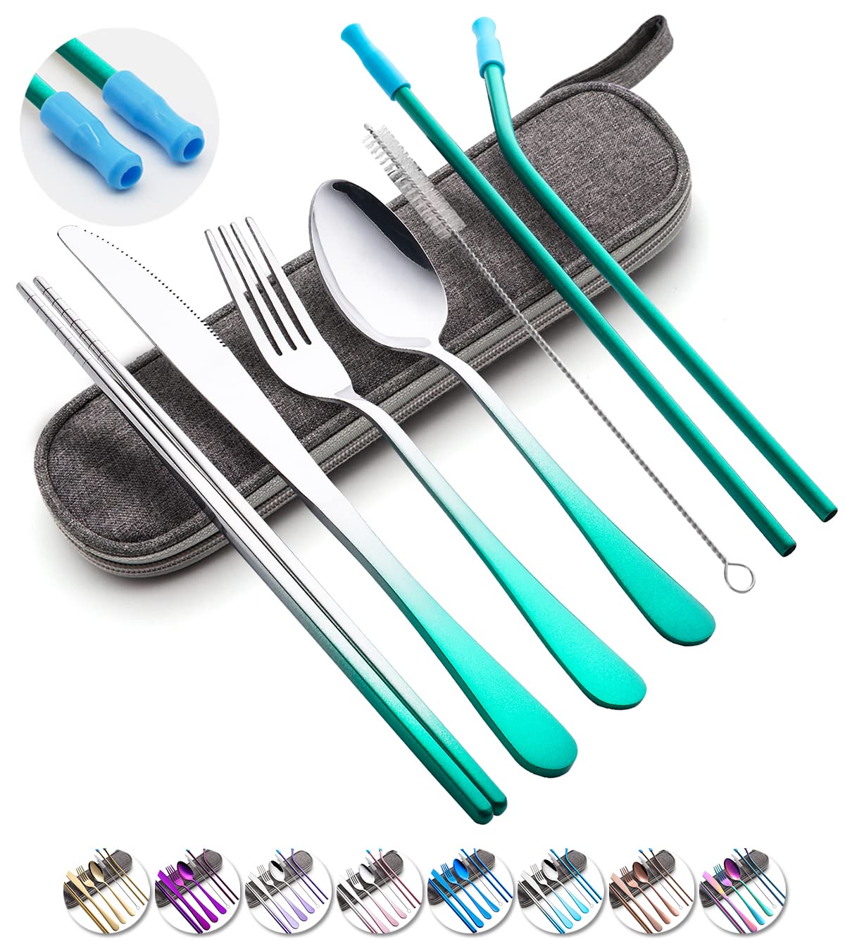 Travel Utensils Set with Case Reusable Portable Cutlery Set Stainless Steel 8pcs Including Dinner Knife Fork Spoon Chopsticks straws(Gradient Pink) | Dishwasher Including Dinner Knife Fork Spoon Chopsticks Straws Travel Fork Spoon Knife for Work, Camping
