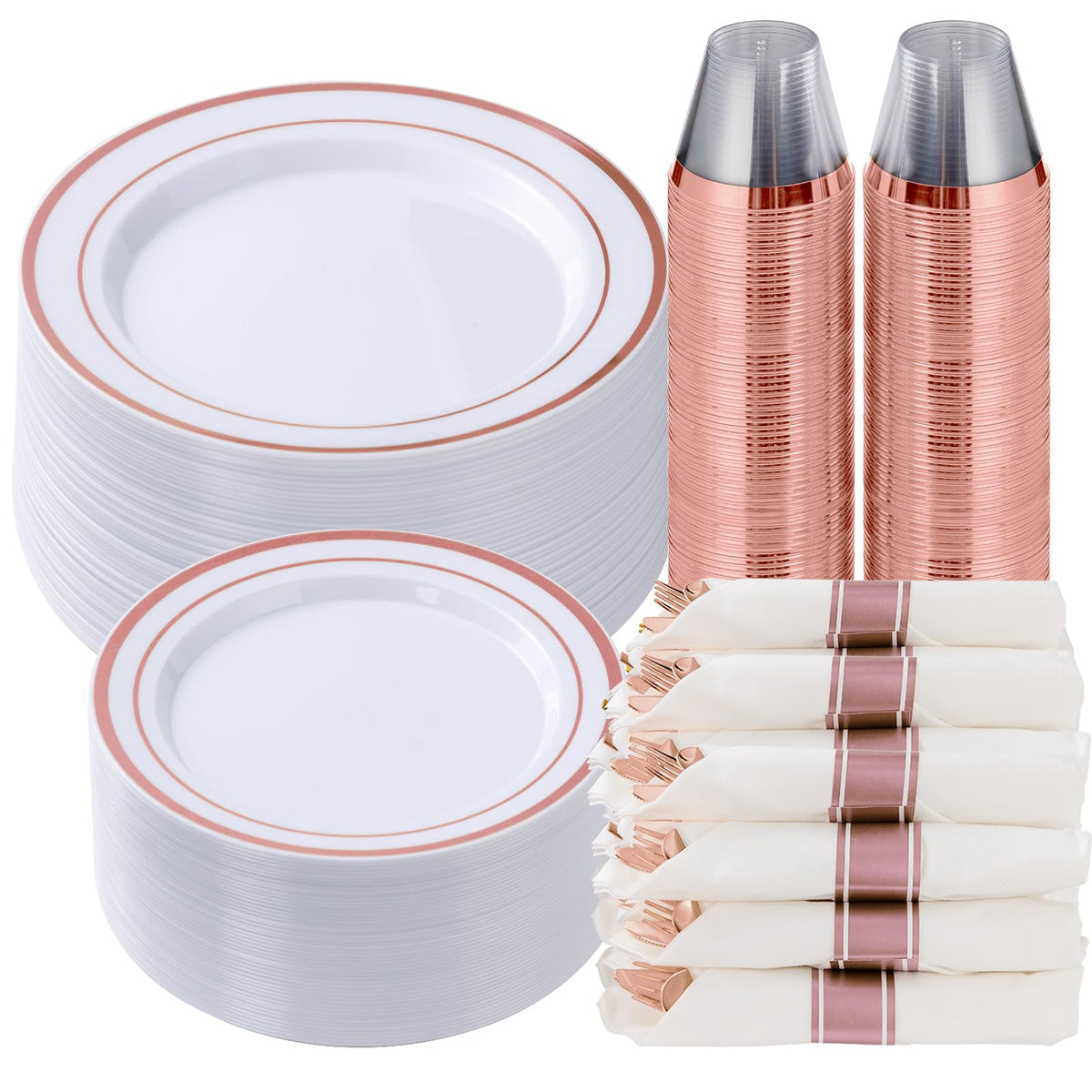 350 Piece Silver Plastic Dinnerware Set for 50 Guests | Disposable Dinnerware Includes: 50 Dinner Plates, 50 Dessert Plates, 50 Pre Rolled Napkins with Silver Silverware, 50 Cups