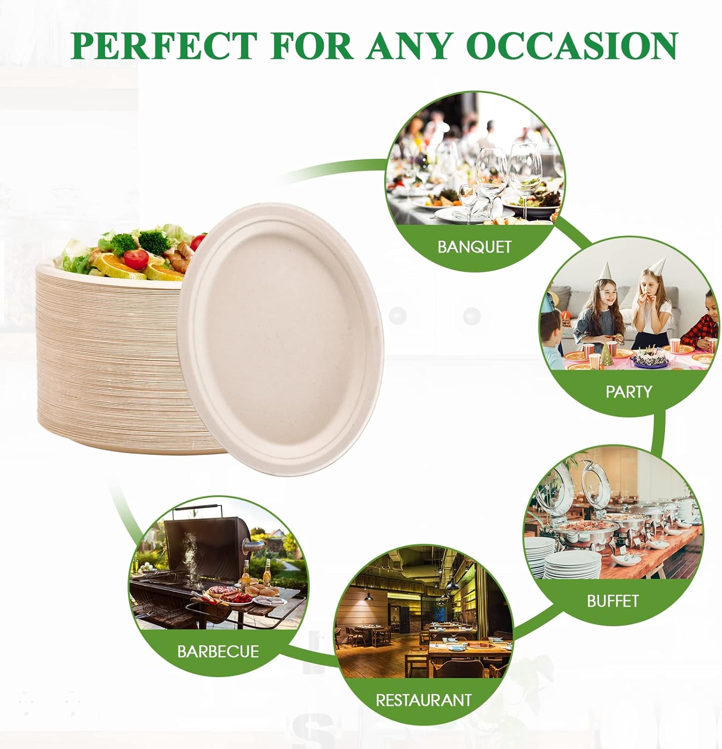 Vplus 100% Compostable Oval Paper Plates 12 inch 120 Pack, Nature | Super Strong, Disposable Paper Plates, Bagasse Natural Biodegradable, Sugarcane for BBQ, Party, Dinner, and Picnic