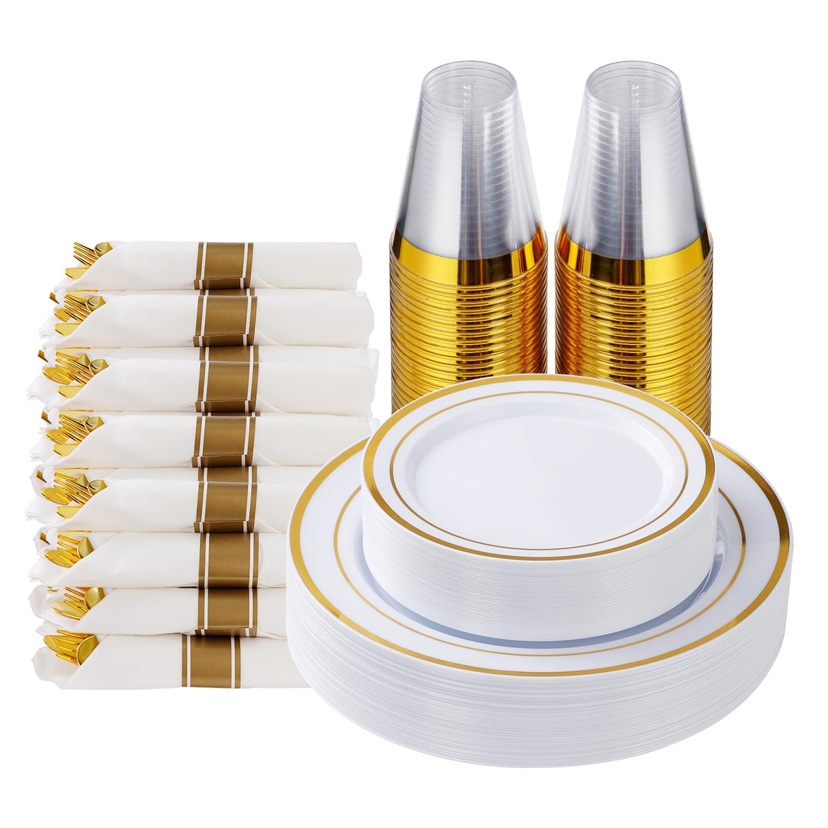 350 Piece Silver Plastic Dinnerware Set for 50 Guests | Disposable Dinnerware Includes: 50 Dinner Plates, 50 Dessert Plates, 50 Pre Rolled Napkins with Silver Silverware, 50 Cups
