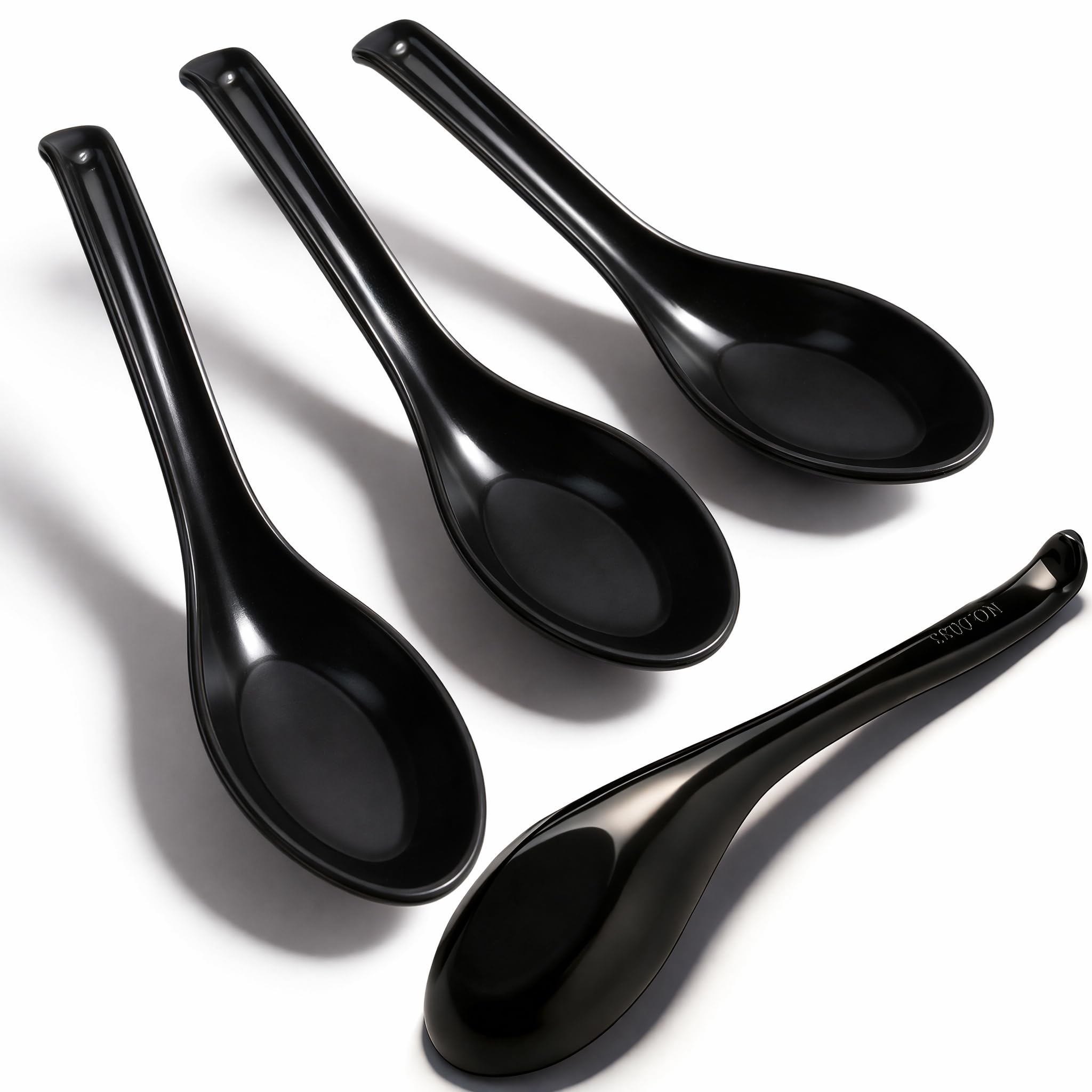 4PCS Asian Soup Spoons, Chinese Japanese Miso Ramen Wonton Dumpling Pho Rice Noodle Soba Soup Spoons, Red and Black Melamine Spoons
