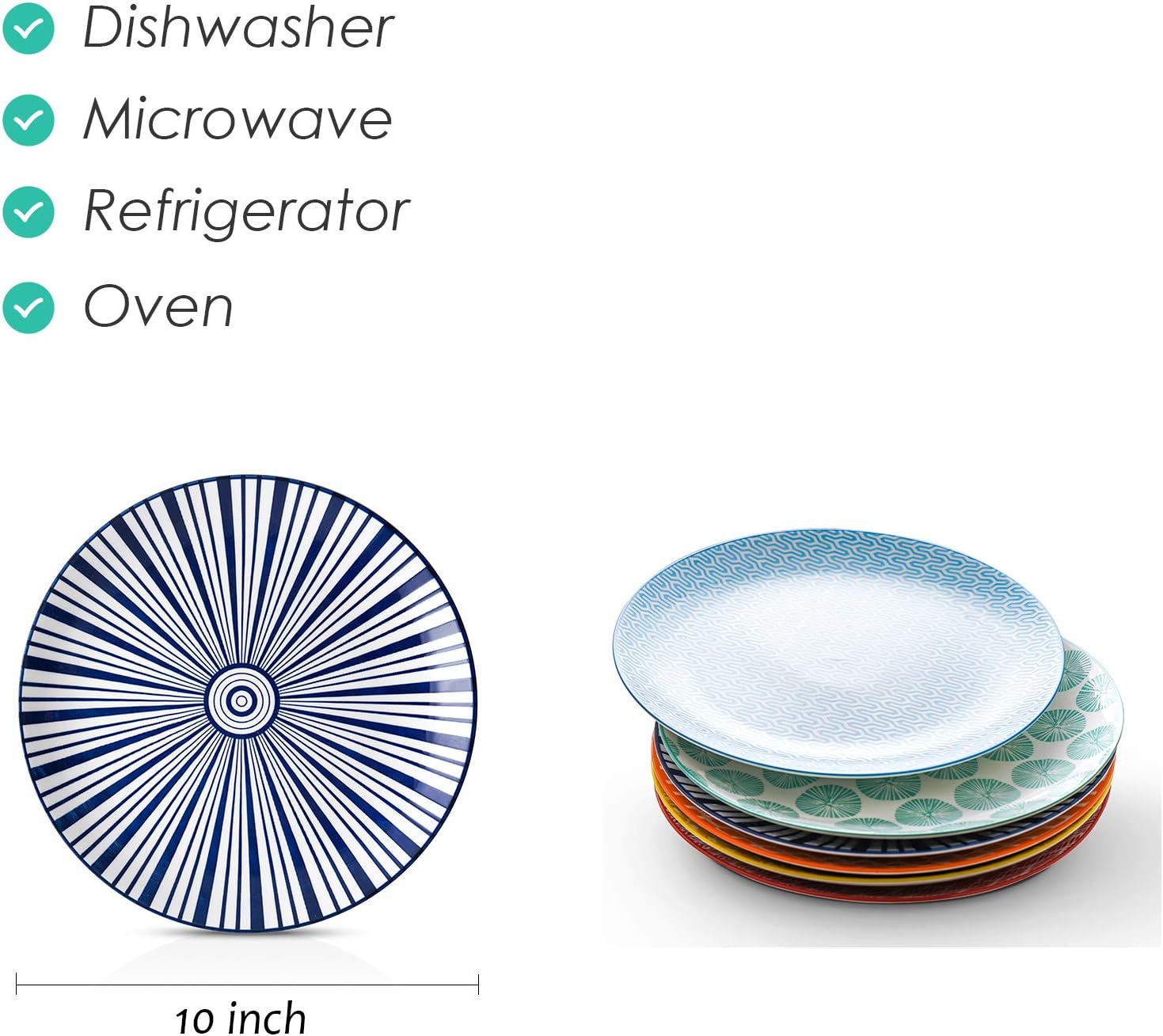 Selamica 10 inch Porcelain Dinner Plates, Large Size Serving Plate for Salad, Pancakes, Steak, Set of 6, Assorted Colors