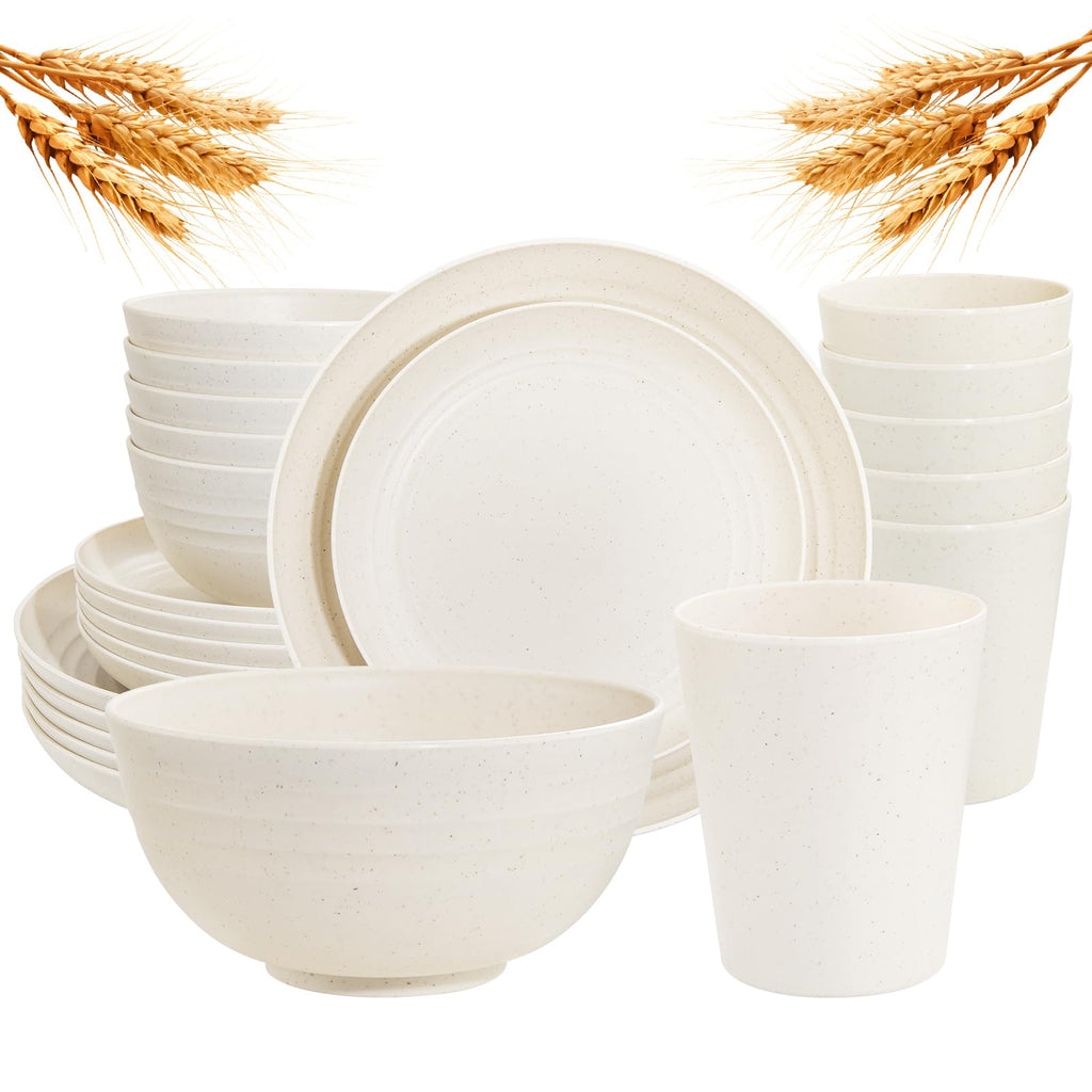 Rubtlamp Wheat Straw Dinnerware Sets, 16PCS Plastic Dinnerware Set for 4, Wheat Straw Plates and Bowls Sets, Unbreakable Dinnerware Plastic Microwave Safe Dishes Set for Kitchen&Camping