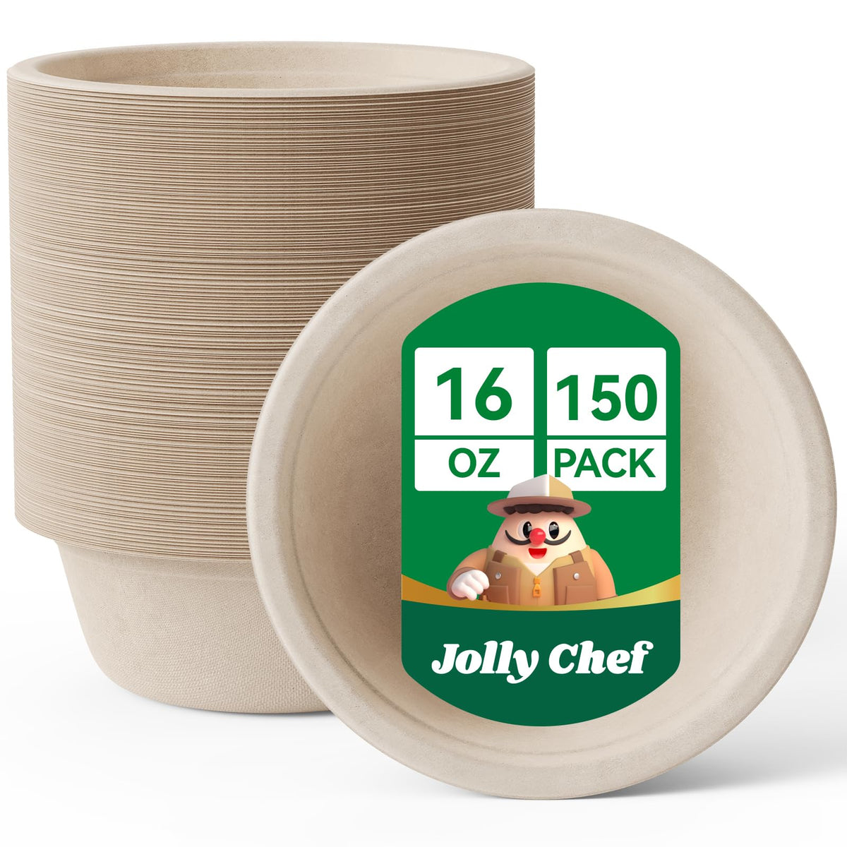 Compostable Disposable Paper Bowl [16 oz] Heavy Duty Soup Containers [150 Pack] Biodegradable Bagasse Hot Cold Food Eco-Friendly Sugarcane Microwavable Bowls for Salad Milk Thanksgiving Day