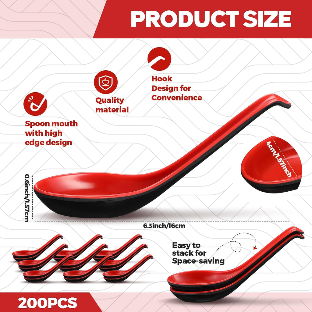 Hushee 200 Pieces Asian Soup Bulk Spoons 6.3 Inch Chinese Japanese Korean Style Serving Wonton Soba Rice Spoon with Hook for Pho Ramen Noodle Dumpling Dinner, Black and Red
