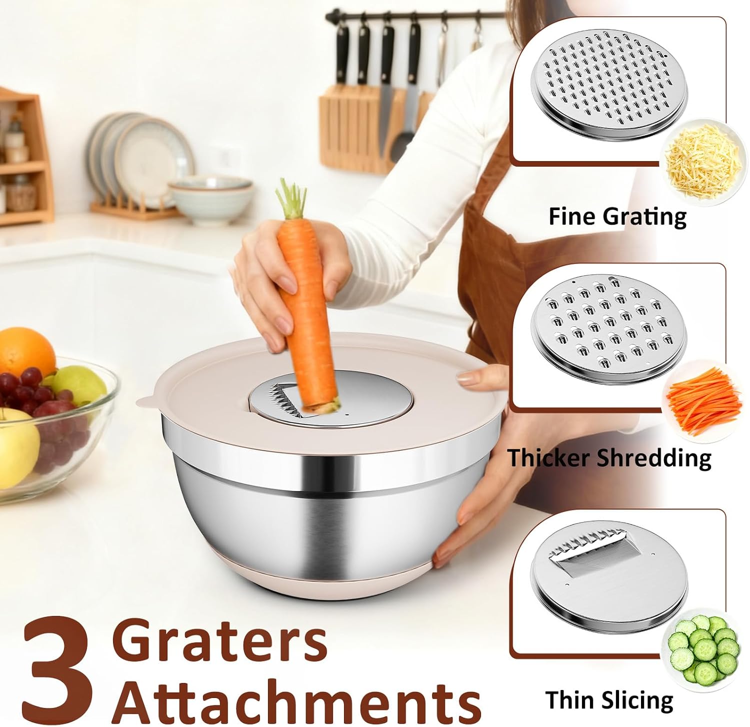 9 Pack Mixing Bowls with Airtight Lids & Grater Attachments, Khaki | Stainless Steel Bowl, Non-slip Bases, Nesting Kitchen Bowl, Size 5, 4, 3, 2, 1.5,1QT,for Food Prep, Baking, Storage & Serving