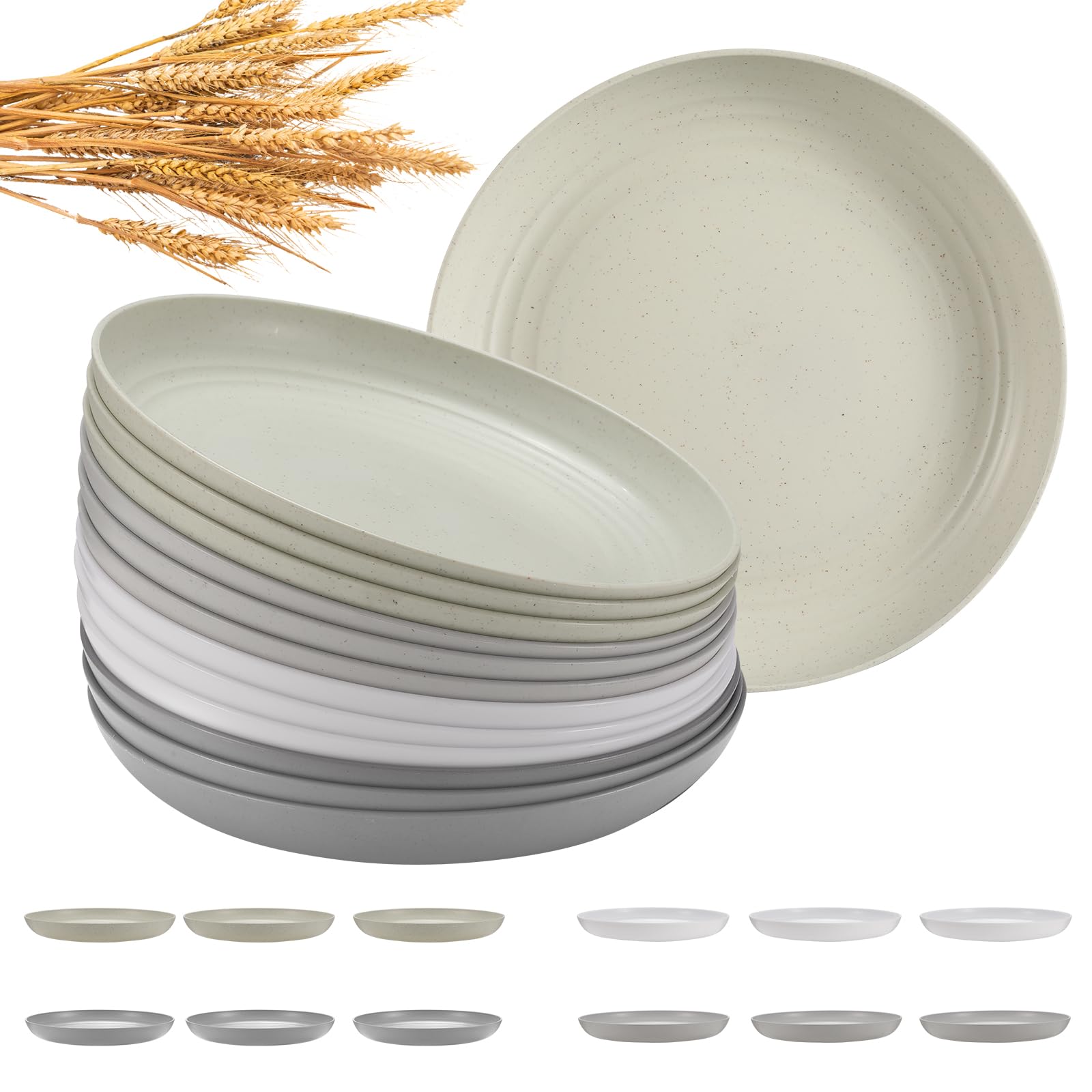 HEYCOME 12 Pcs Unbreakable Deep Dinner Plates Set, 10 inch Reusable Plastic Wheat Straw Plates, Microwave and Dishwasher Safe Plate for Kitchen, Lightweight Plate for Dessert, BPA Free, 6 Colors