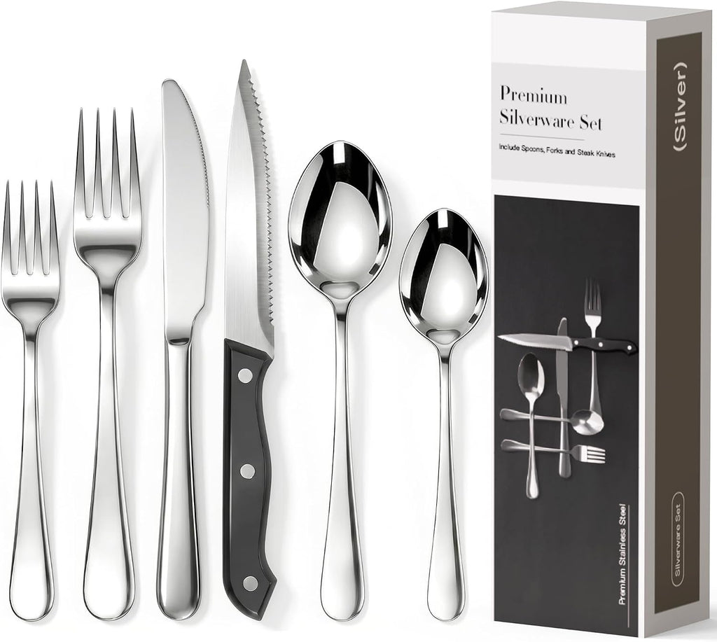 Astercook 25-Pieces Silverware Set with Steak Knives, Tableware Set for 4 - Great Food-Grade Stainless Steel Flatware Set, Mirror-Polished Dining Utensil Set Perfect for Home & Restaurant