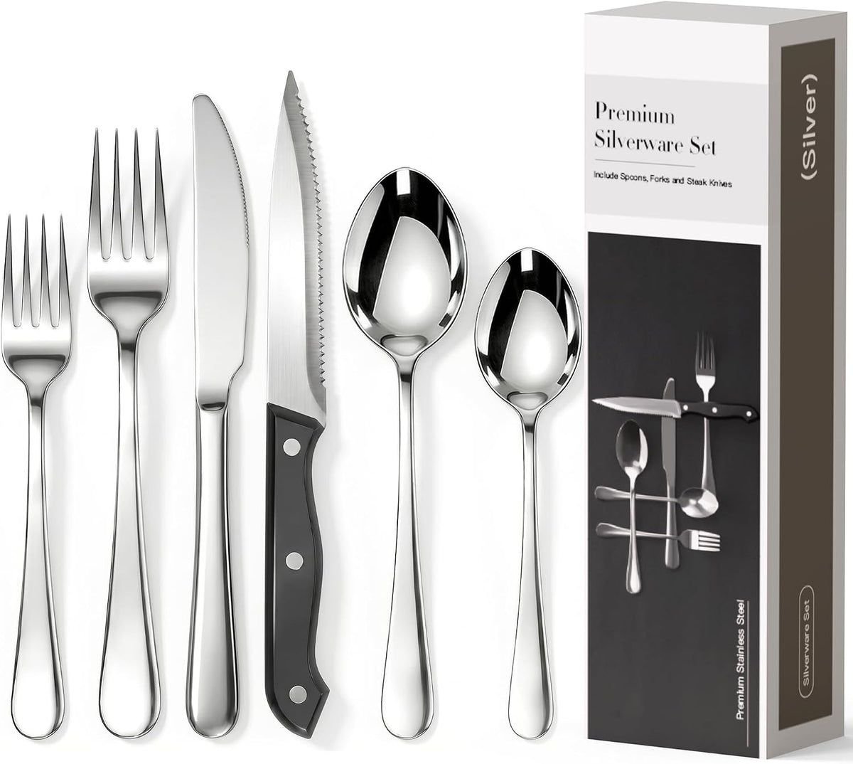 Astercook 25-Pieces Silverware Set with Steak Knives, Tableware Set for 4 - Great Food-Grade Stainless Steel Flatware Set, Mirror-Polished Dining Utensil Set Perfect for Home & Restaurant