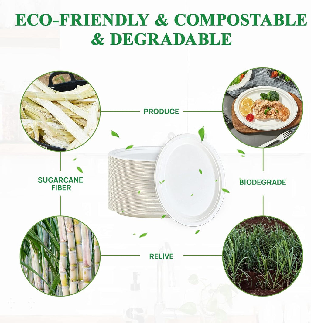 Vplus 100% Compostable Oval Paper Plates 12 inch 125 Pack, White | Super Strong, Disposable Paper Plates, Bagasse Natural Biodegradable, Sugarcane for BBQ, Party, Dinner, and Picnic