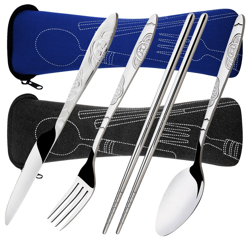 SENHAI 8 Pieces Flatware Sets Knife, Fork, Spoon, Chopsticks, 2 Pack Rustproof Stainless Steel Tableware Dinnerware with Carrying Case for Traveling Camping Picnic Working Hiking