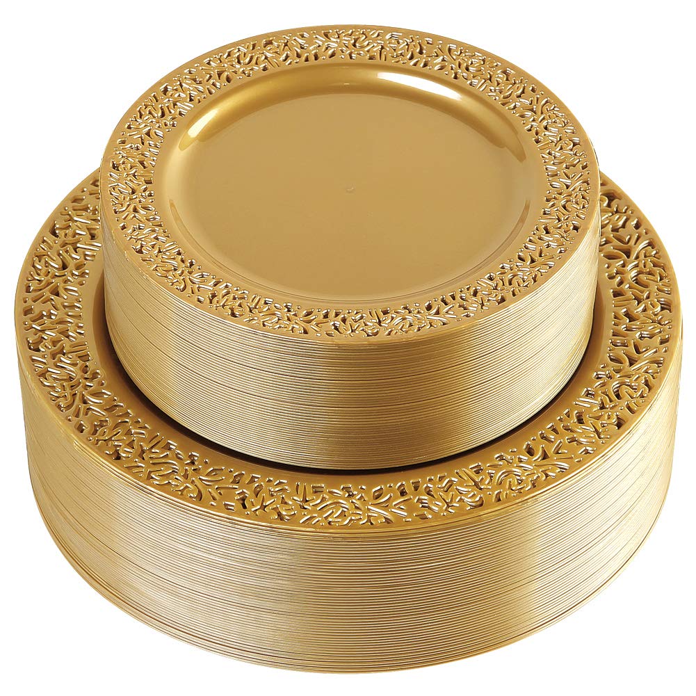 102 Pcs Gold Plastic Plates, Premium Disposable Gold Plates | Gold Rimmed Plastic Plates, BPA Free, Perfect for Wedding, Holidays, Party, 51 Dinner(10.25’’) & 51 Dessert(7.5’’) Plates