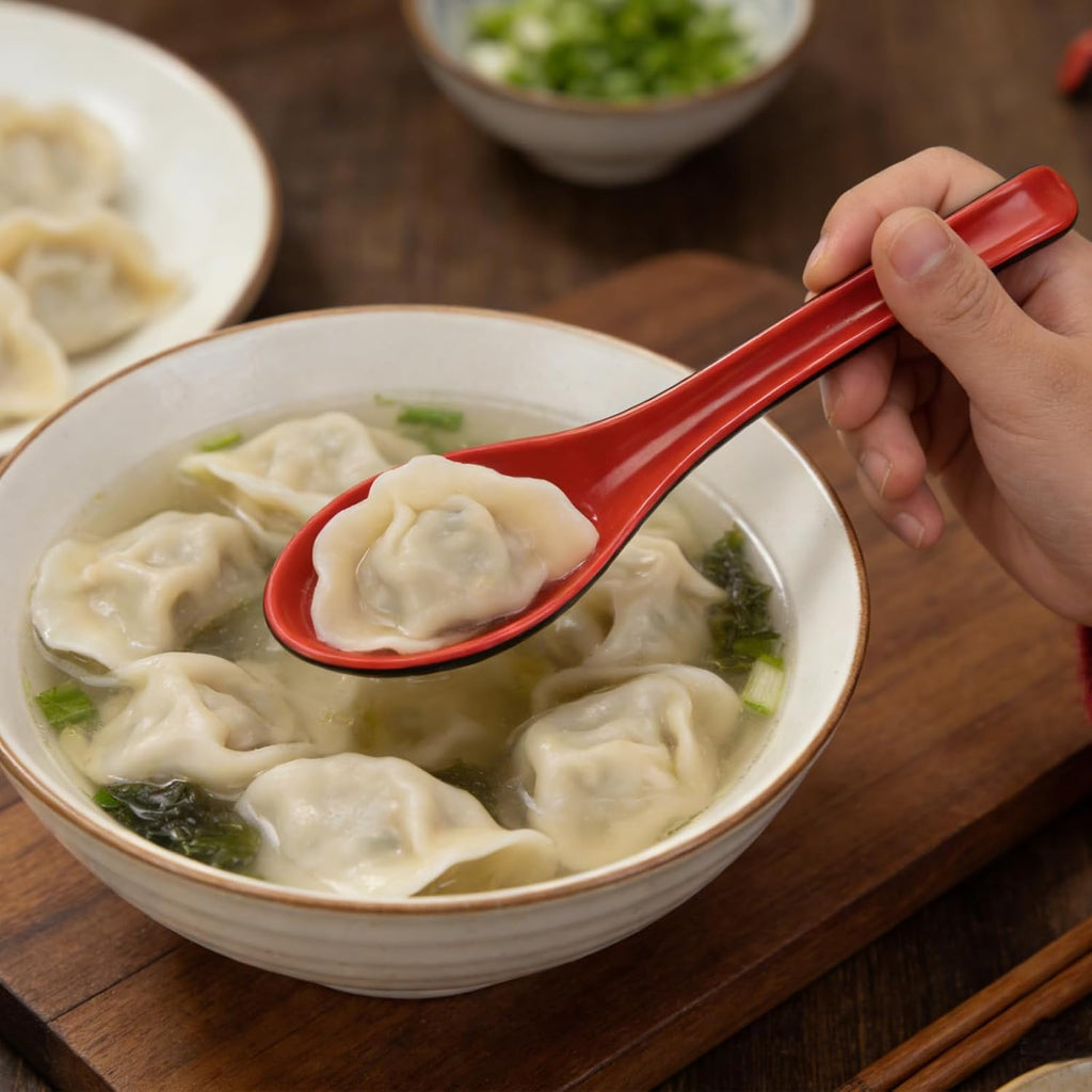 4PCS Asian Soup Spoons, Chinese Japanese Miso Ramen Wonton Dumpling Pho Rice Noodle Soba Soup Spoons, Red and Black Melamine Spoons