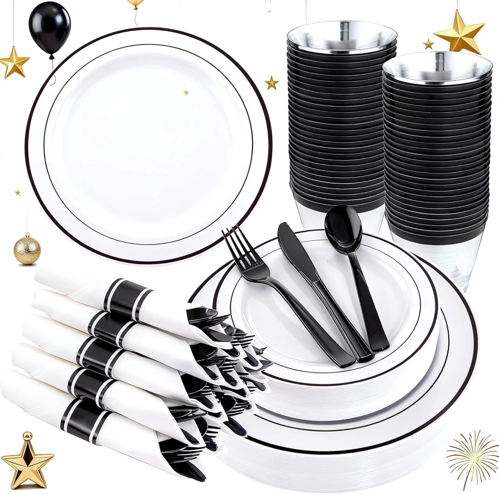 WELLIFE 350-Piece Gold Disposable Plates and Cutlery Set - Premium 10.25" Dinner Plates, 7.5" Dessert Plates, 9oz Cups & Cutlery for Weddings, Catering Events - 50 Guest Service - Elegant & Sturdy