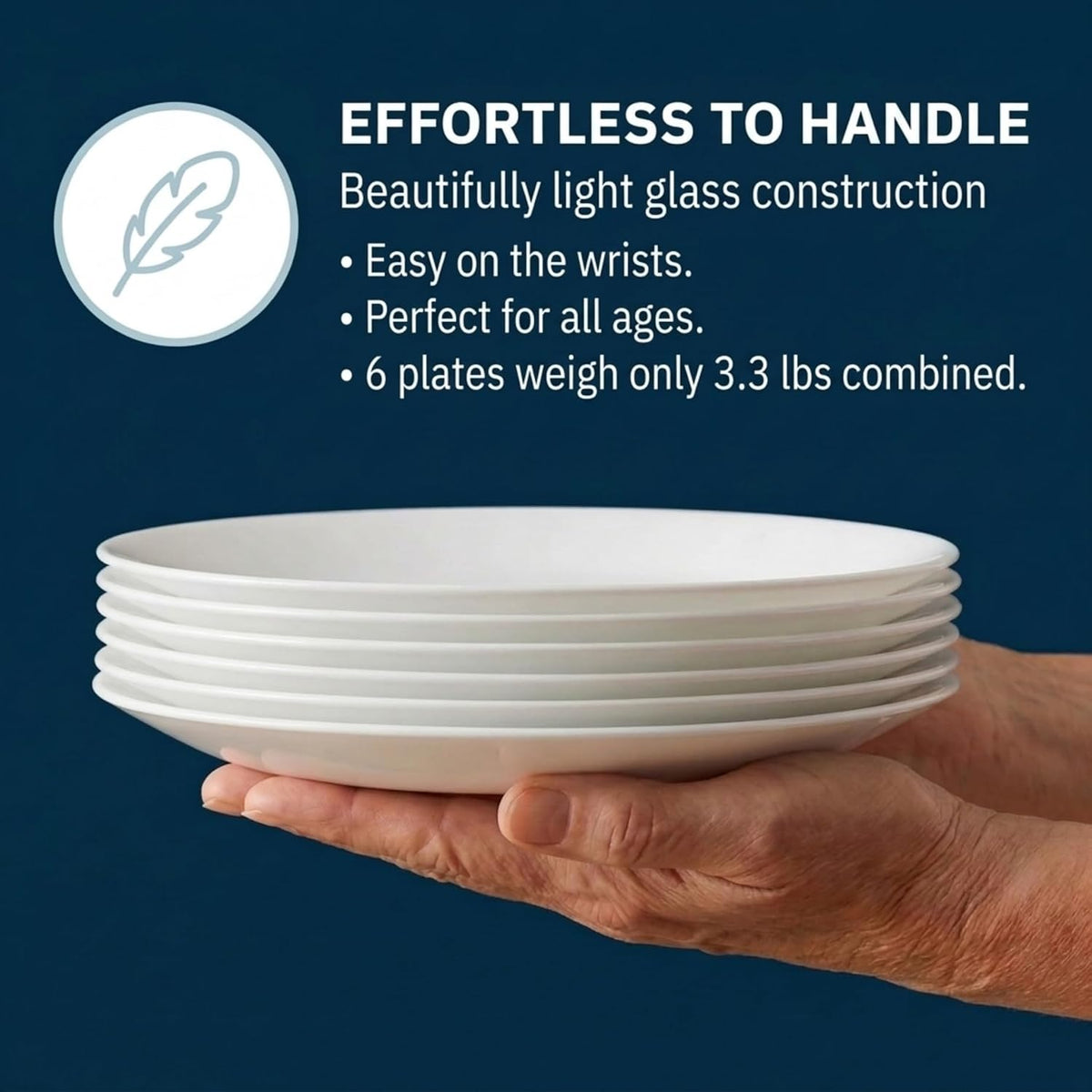 Corelle Vitrelle 6-Piece Salad Plates Set Triple Layer Glass and Chip Resistant, 8-1/2-Inch Lightweight Round Plates, Winter Frost White