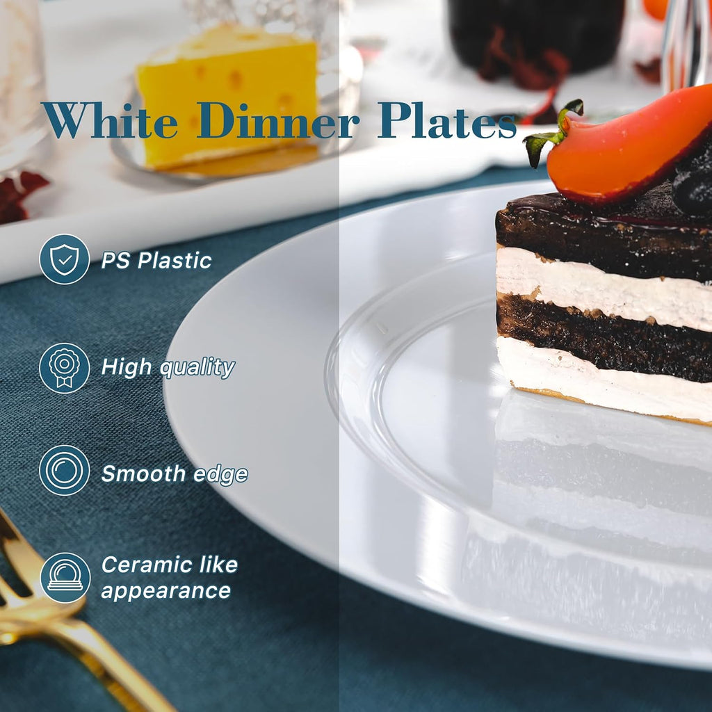 100PCS White Plastic Plates Disposable, 10.25" Heavy Duty Dinner Plates | Elegant, BPA-Free, Food Grade, for Wedding, Birthday, Party, Anniversary & Daily Use