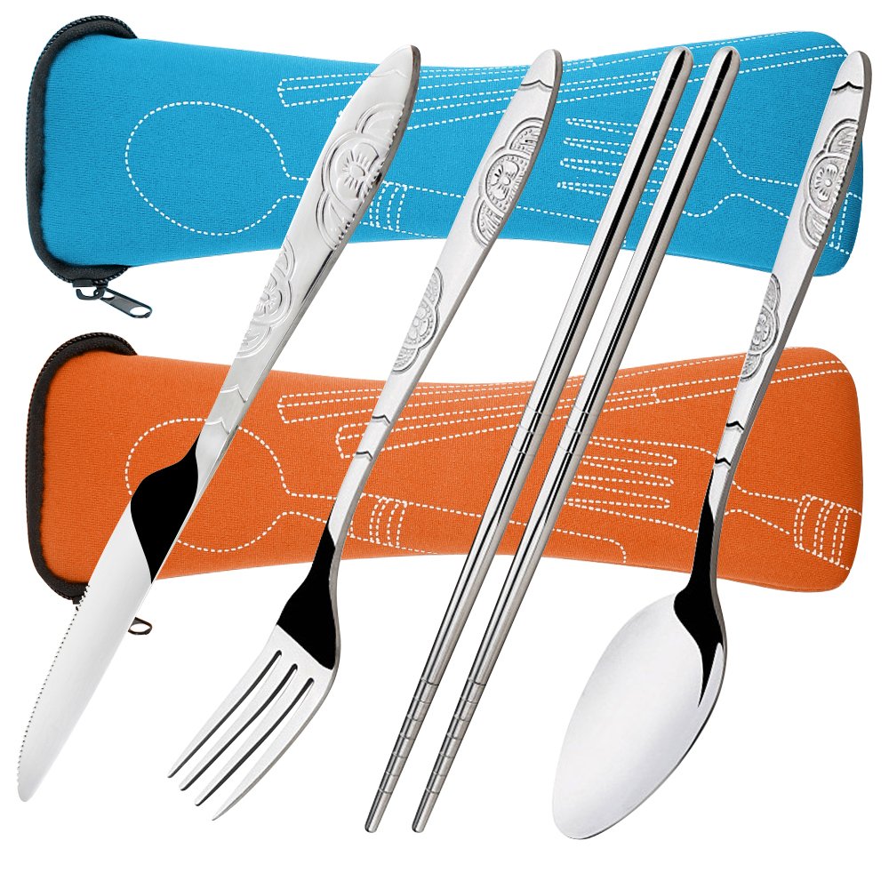 SENHAI 8 Pieces Flatware Sets Knife, Fork, Spoon, Chopsticks, 2 Pack Rustproof Stainless Steel Tableware Dinnerware with Carrying Case for Traveling Camping Picnic Working Hiking