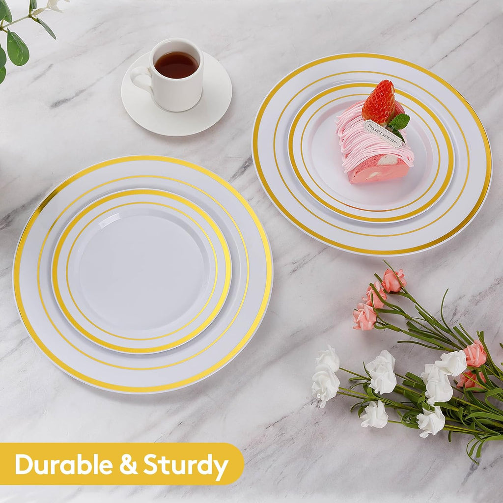 200PCS Gold Plastic Plates, Heavy Duty Disposable Gold Plates | 100 10.25 inch Dinner Plates and 100 7.5 inch Dessert Plates for Party, Holiday, Wedding, Thanksgiving
