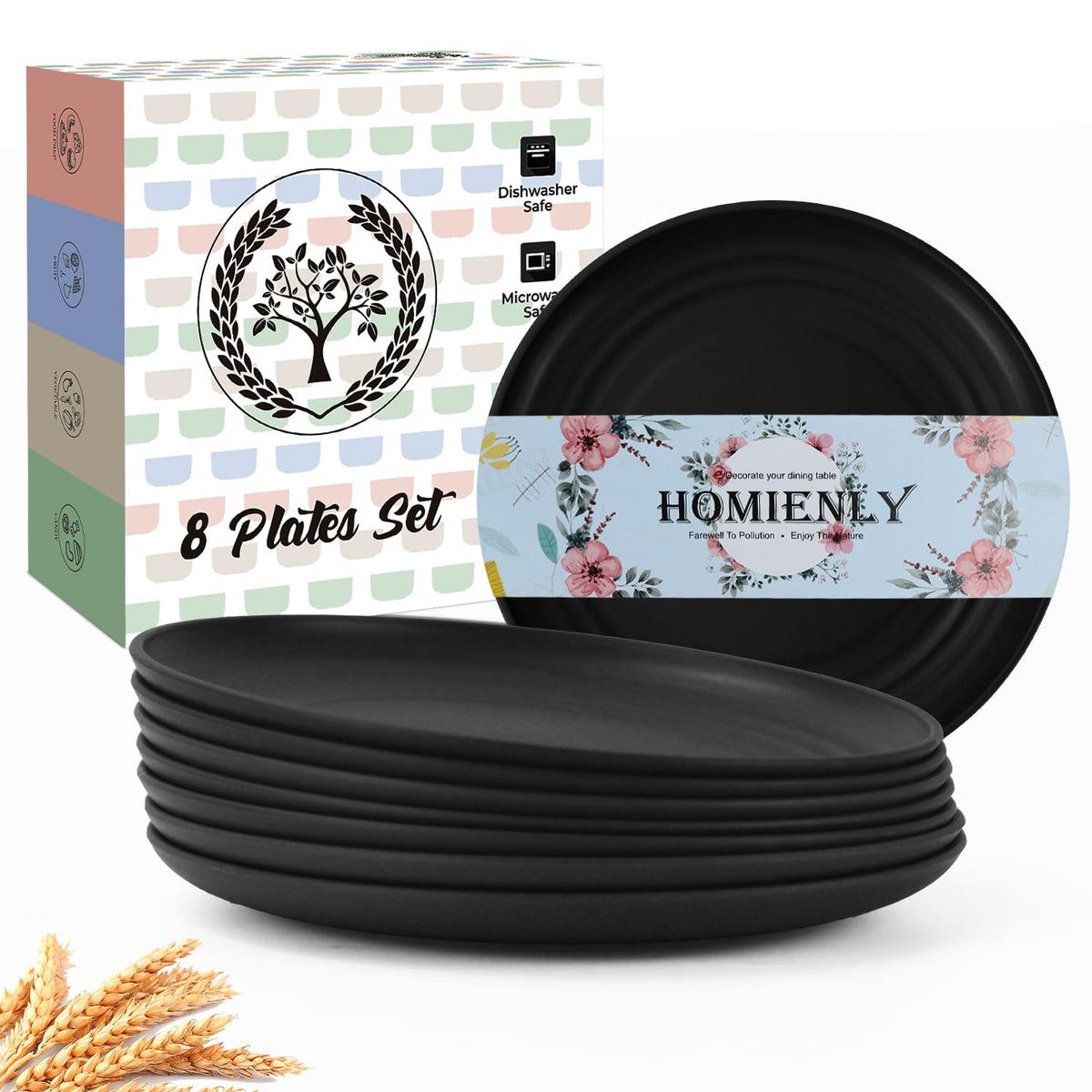 Deep Dinner Plates Set of 8 Alternative for Plastic Plates Microwave and Dishwasher Safe Wheat Straw Plates for Kitchen Unbreakable Kids Plate Set with 4 Colors (Classic Bright, 9 inch)