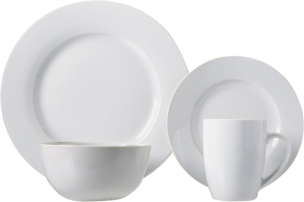 Amazon Basics 16-Piece Porcelain Dinnerware Set, Microwave and Dishwasher Safe, Service for 4, Plates, Bowls and Mugs, White