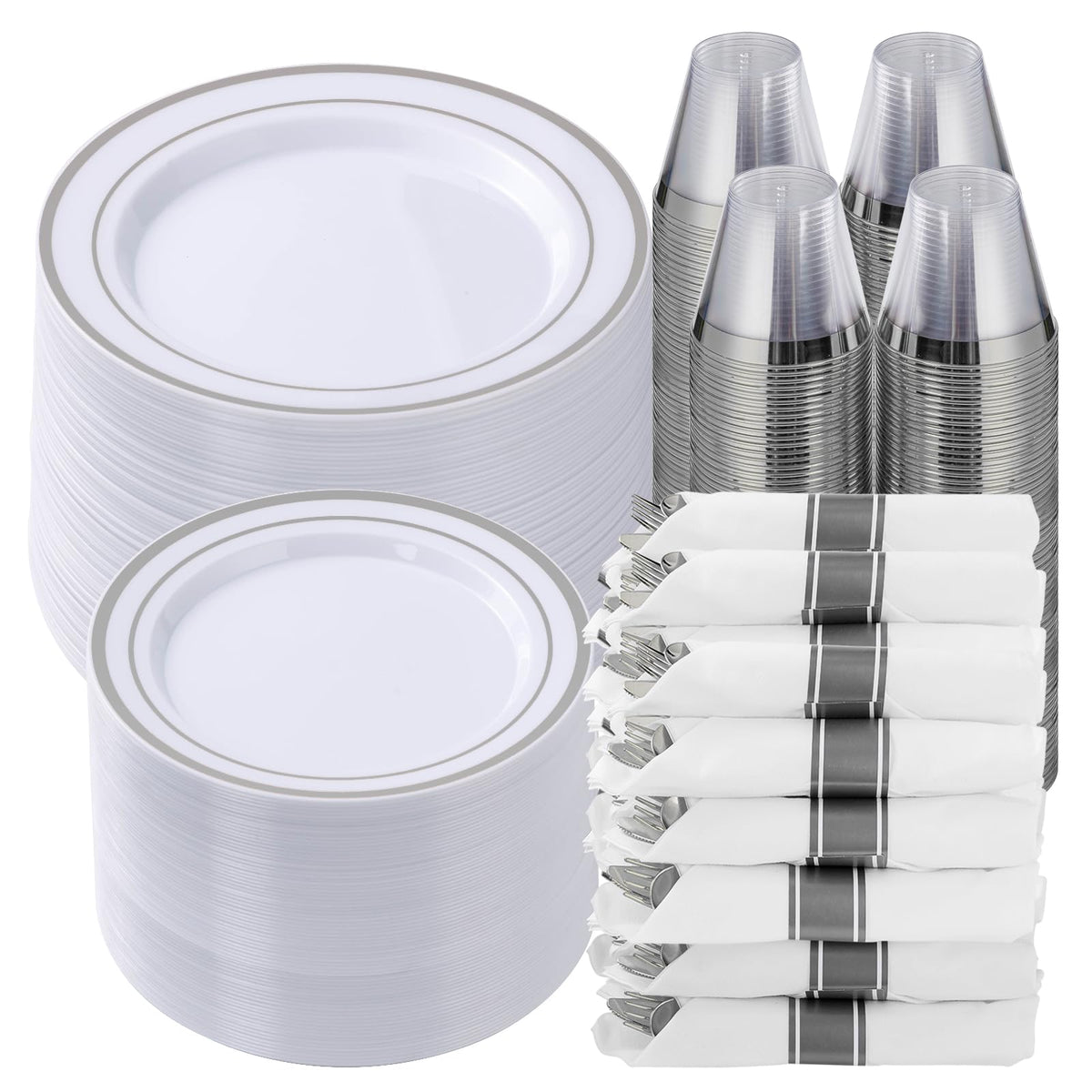 350 Piece Silver Plastic Dinnerware Set for 50 Guests | Disposable Dinnerware Includes: 50 Dinner Plates, 50 Dessert Plates, 50 Pre Rolled Napkins with Silver Silverware, 50 Cups