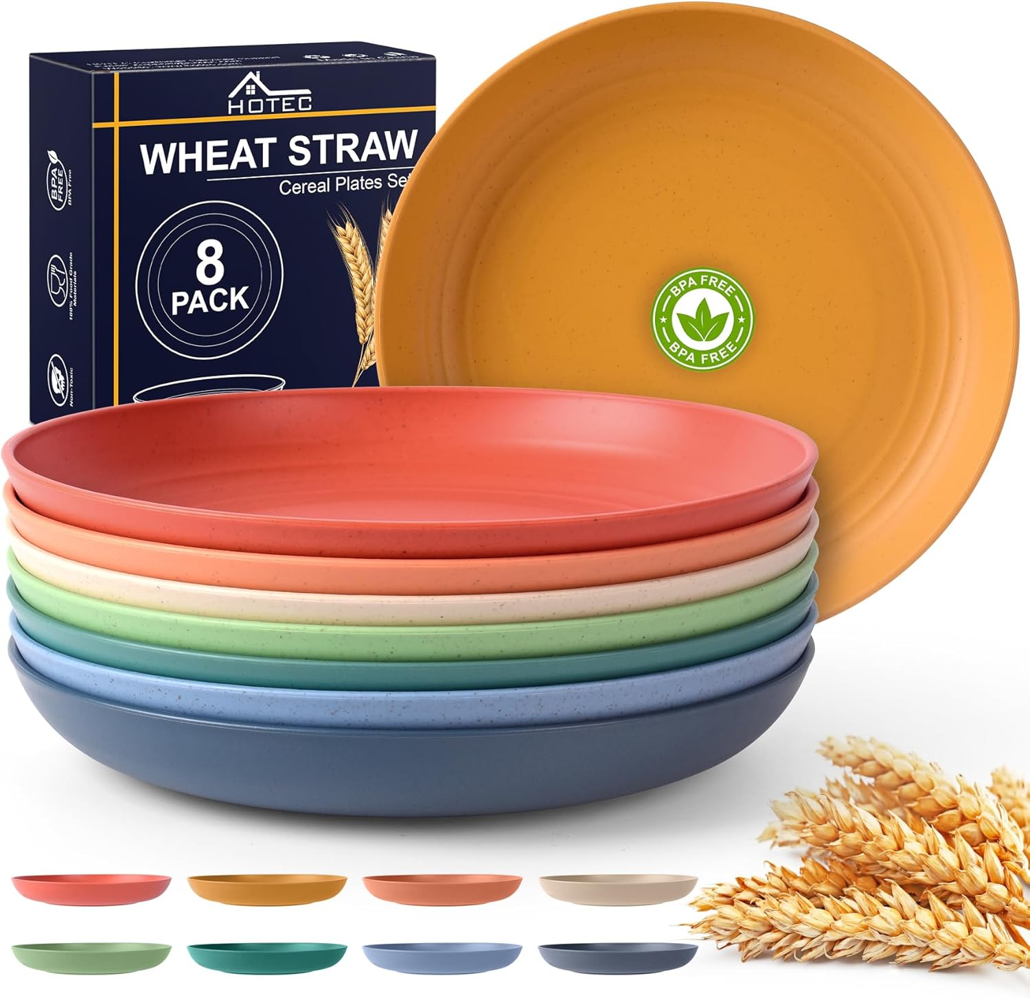 HOTEC 8-Pack 9inch BPA Free Unbreakable Deep Dinner Plates, Wheat Straw Plastic Plates Dishwasher Safe Kitchen Plates Dinnerware, Multicolor