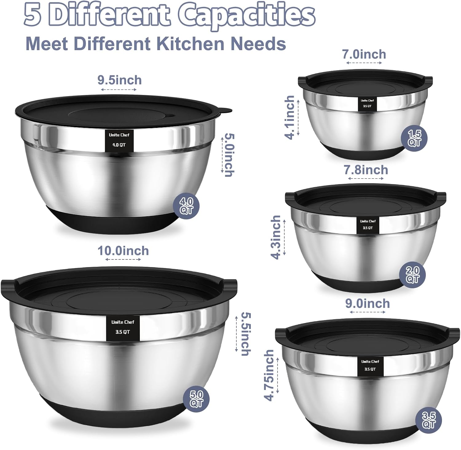 Umite Chef Mixing Bowls with Airtight Lids Set, 8PCS Stainless Steel Nesting Bowls Set, 3 Grater Attachments & Non-Slip Bottoms, Size 5, 4, 3.5, 2, 1.5QT for Baking & Mixing(Black)