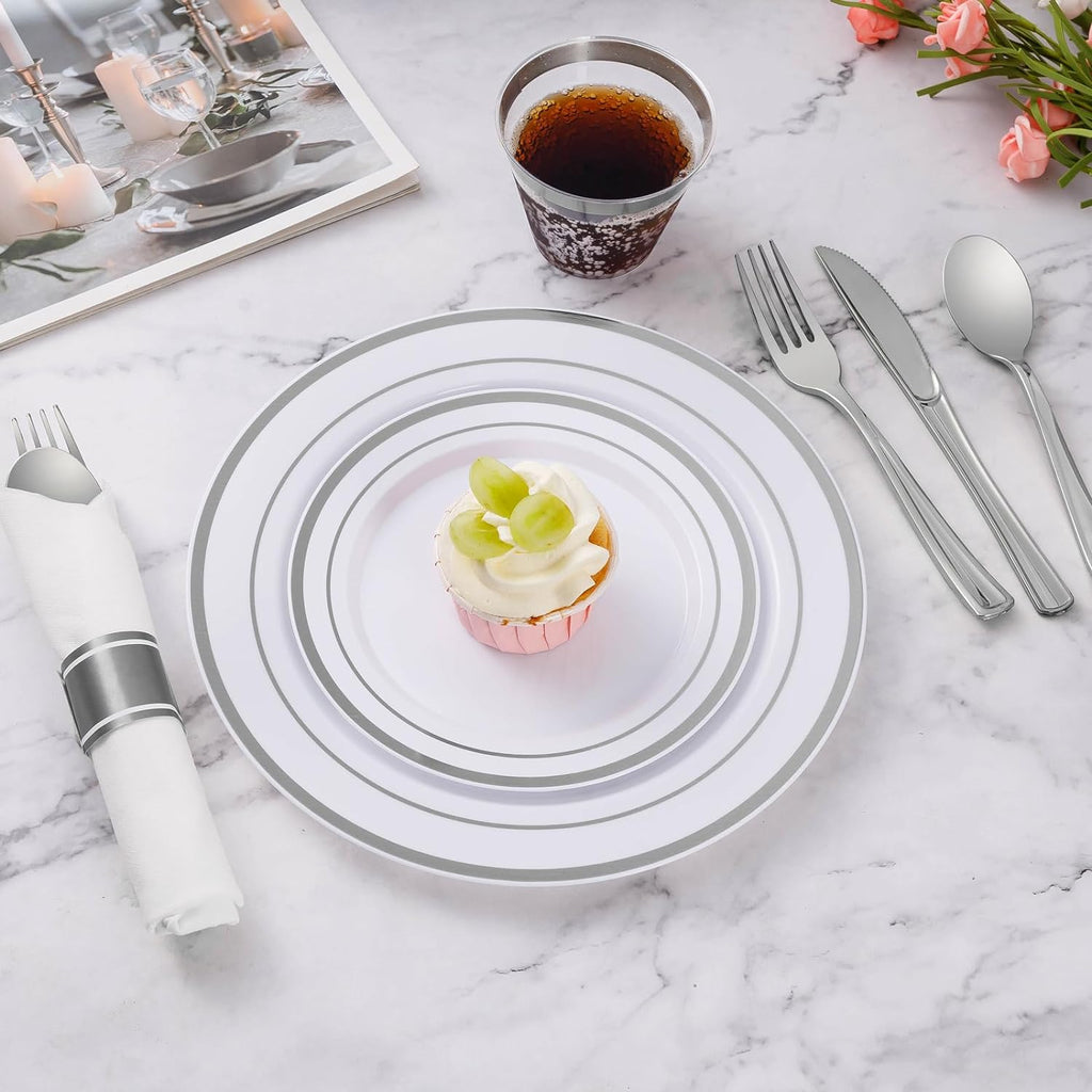350 Piece Silver Plastic Dinnerware Set for 50 Guests | Disposable Dinnerware Includes: 50 Dinner Plates, 50 Dessert Plates, 50 Pre Rolled Napkins with Silver Silverware, 50 Cups