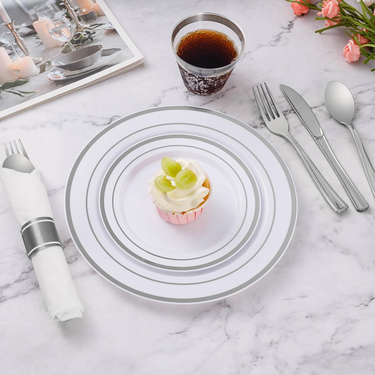 350 Piece Silver Plastic Dinnerware Set for 50 Guests | Disposable Dinnerware Includes: 50 Dinner Plates, 50 Dessert Plates, 50 Pre Rolled Napkins with Silver Silverware, 50 Cups