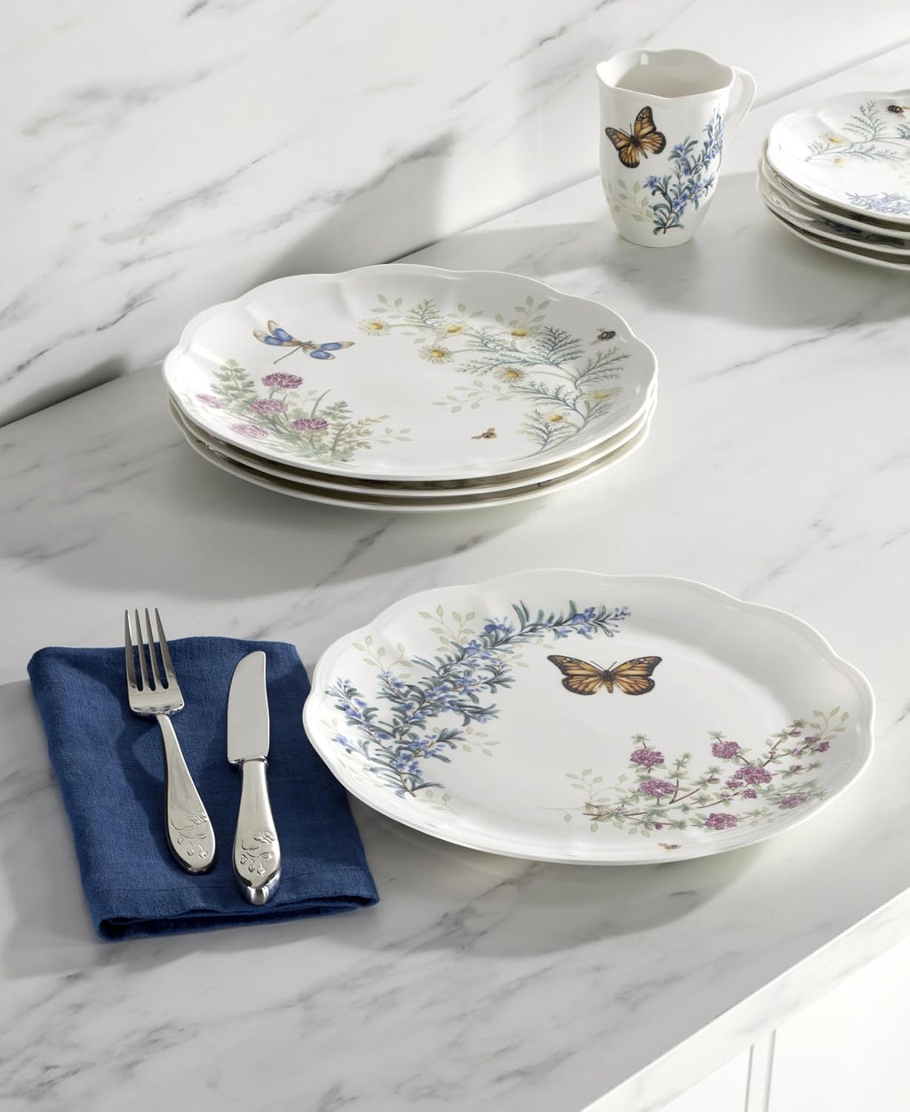 Lenox Butterfly Meadow Herbs Porcelain Dinner Plate Set for 4 | dishwasher safe | 10.75 inch diameter | floral, everyday dining, gift for women, kitchen essentials, dinnerware