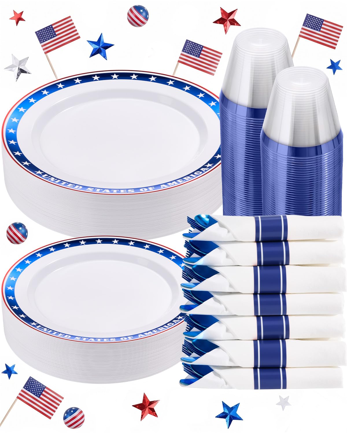 350 Piece Silver Plastic Dinnerware Set for 50 Guests | Disposable Dinnerware Includes: 50 Dinner Plates, 50 Dessert Plates, 50 Pre Rolled Napkins with Silver Silverware, 50 Cups