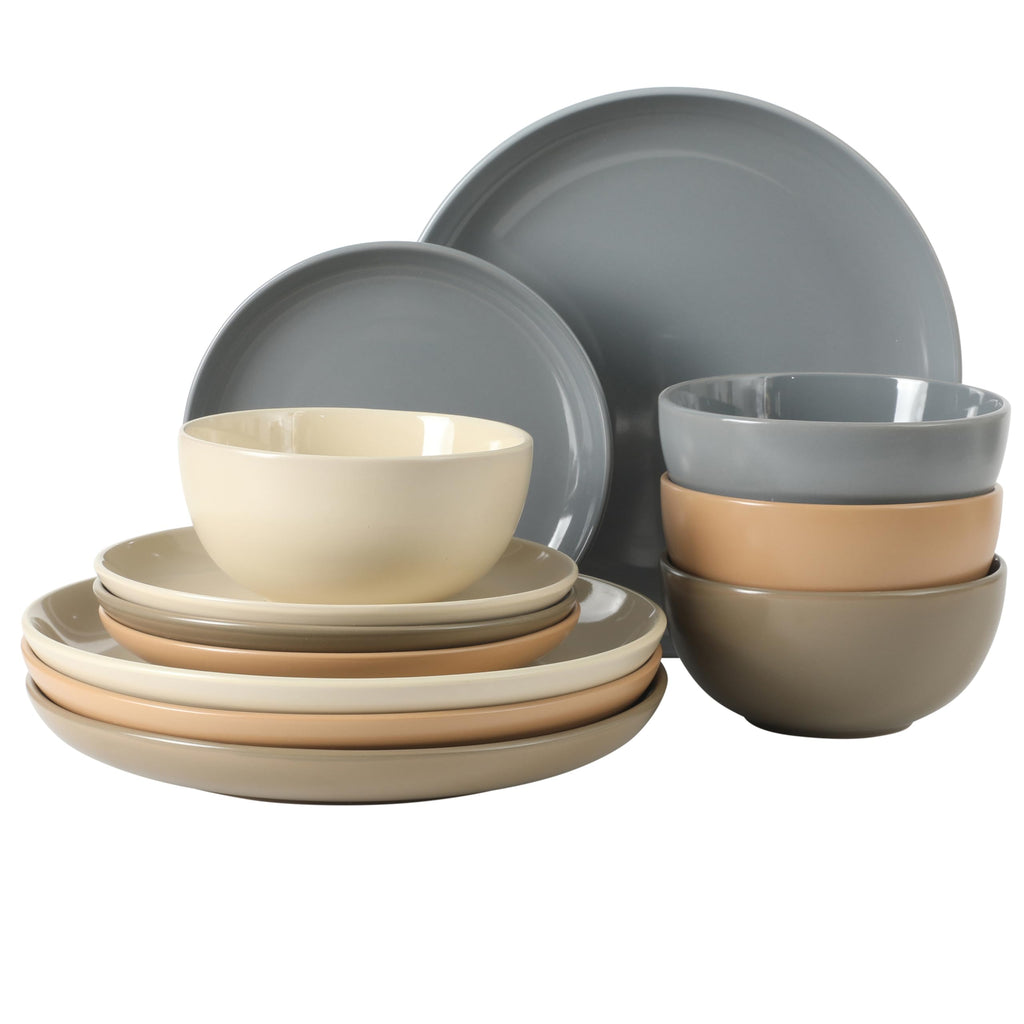 Gibson Home Rockaway 12-Piece Stoneware Dinnerware Set, Matte Finish, Service for 4, Modern Ceramic Plates and Bowls, Microwave & Dishwasher Safe – Soft Gray - Service for 4