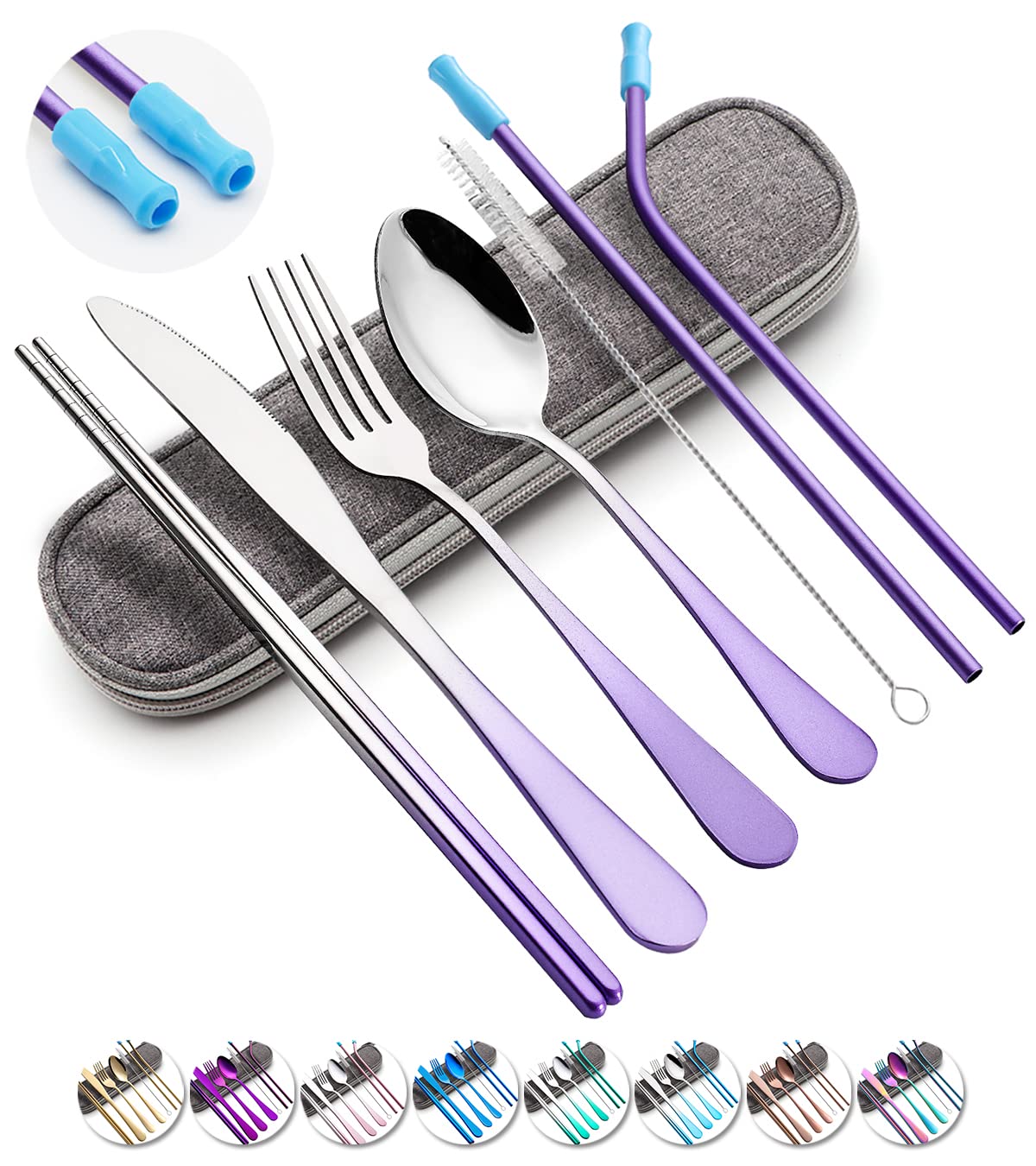 Travel Utensils Set with Case Reusable Portable Cutlery Set Stainless Steel 8pcs Including Dinner Knife Fork Spoon Chopsticks straws(Gradient Pink) | Dishwasher Including Dinner Knife Fork Spoon Chopsticks Straws Travel Fork Spoon Knife for Work, Camping