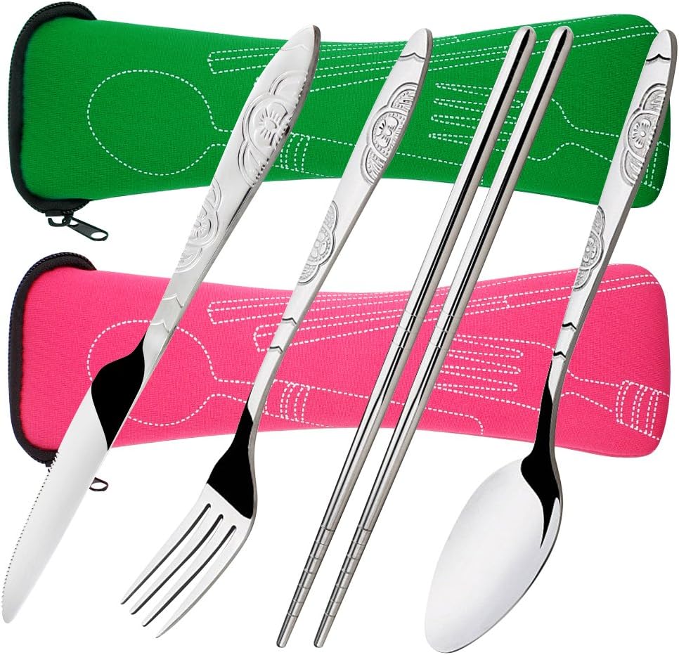 SENHAI 8 Pieces Flatware Sets Knife, Fork, Spoon, Chopsticks, 2 Pack Rustproof Stainless Steel Tableware Dinnerware with Carrying Case for Traveling Camping Picnic Working Hiking