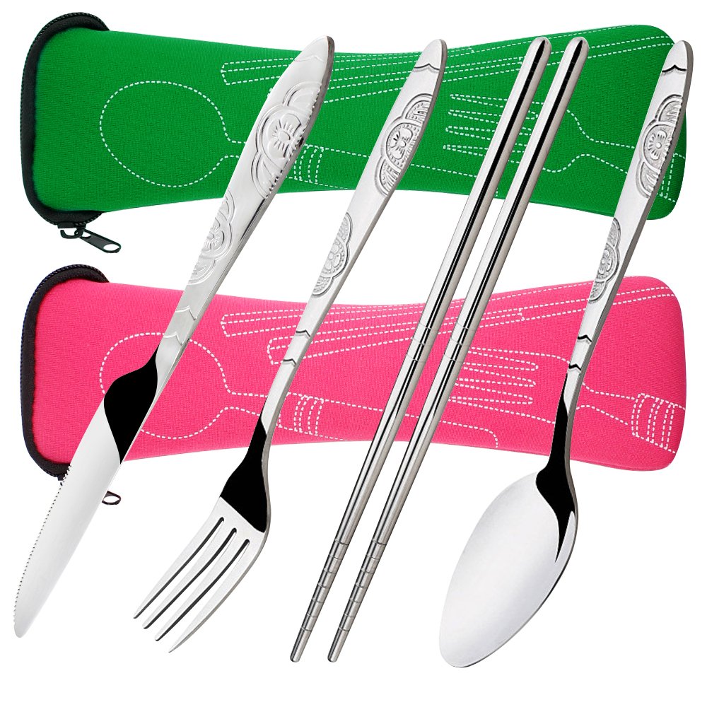 SENHAI 8 Pieces Flatware Sets Knife, Fork, Spoon, Chopsticks, 2 Pack Rustproof Stainless Steel Tableware Dinnerware with Carrying Case for Traveling Camping Picnic Working Hiking