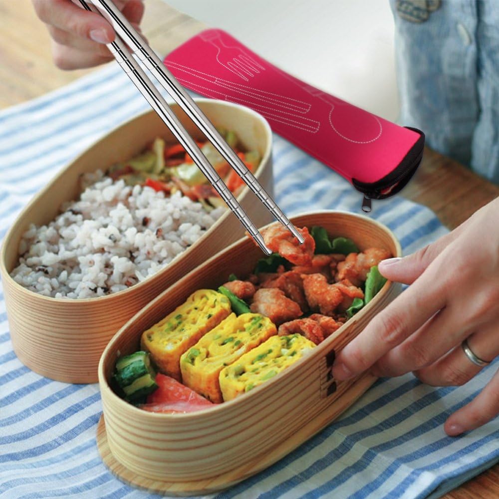 SENHAI 8 Pieces Flatware Sets Knife, Fork, Spoon, Chopsticks, 2 Pack Rustproof Stainless Steel Tableware Dinnerware with Carrying Case for Traveling Camping Picnic Working Hiking